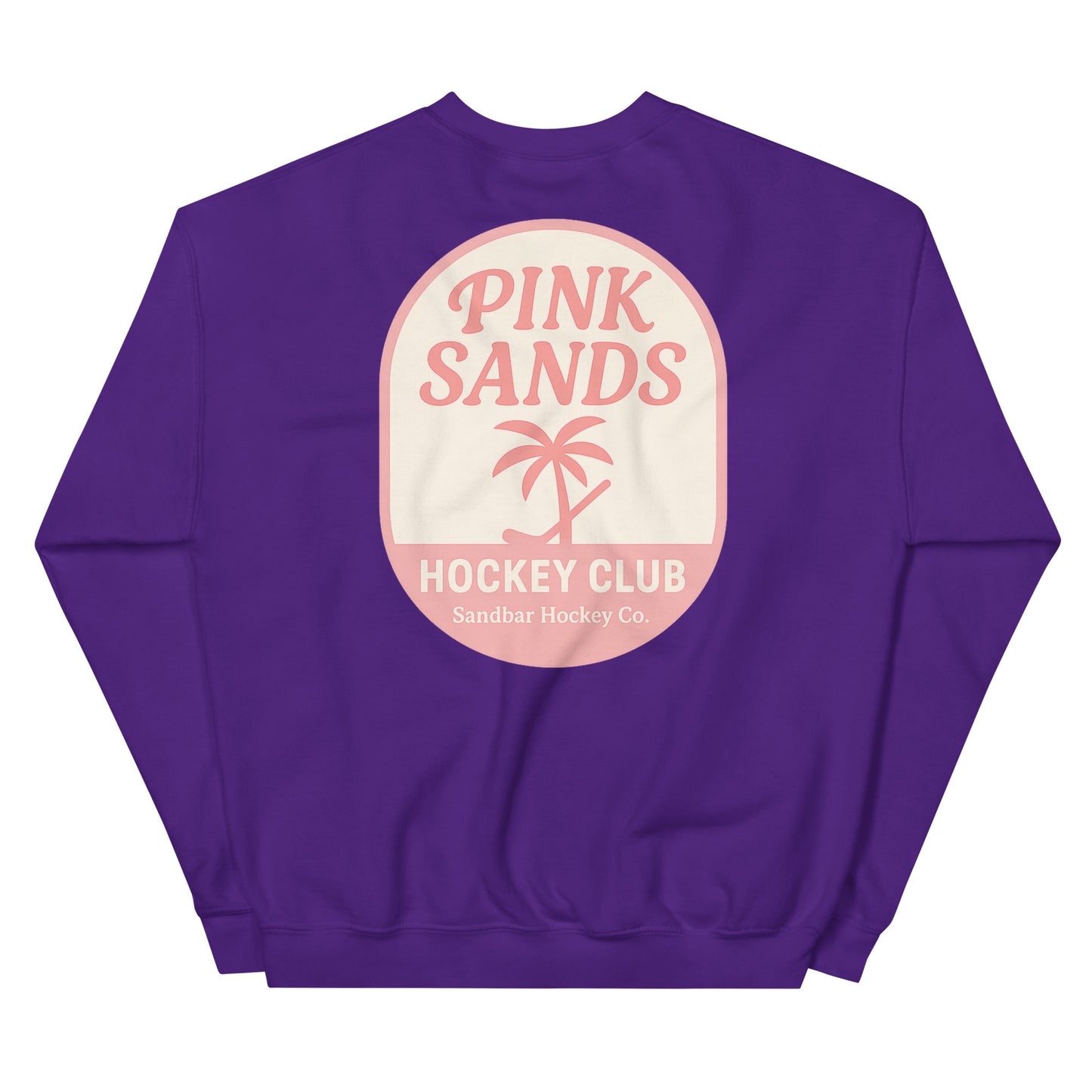 Purple hockey crewneck back side with Pink Sands Hockey Club graphic and Sandbar Hockey Co. logo