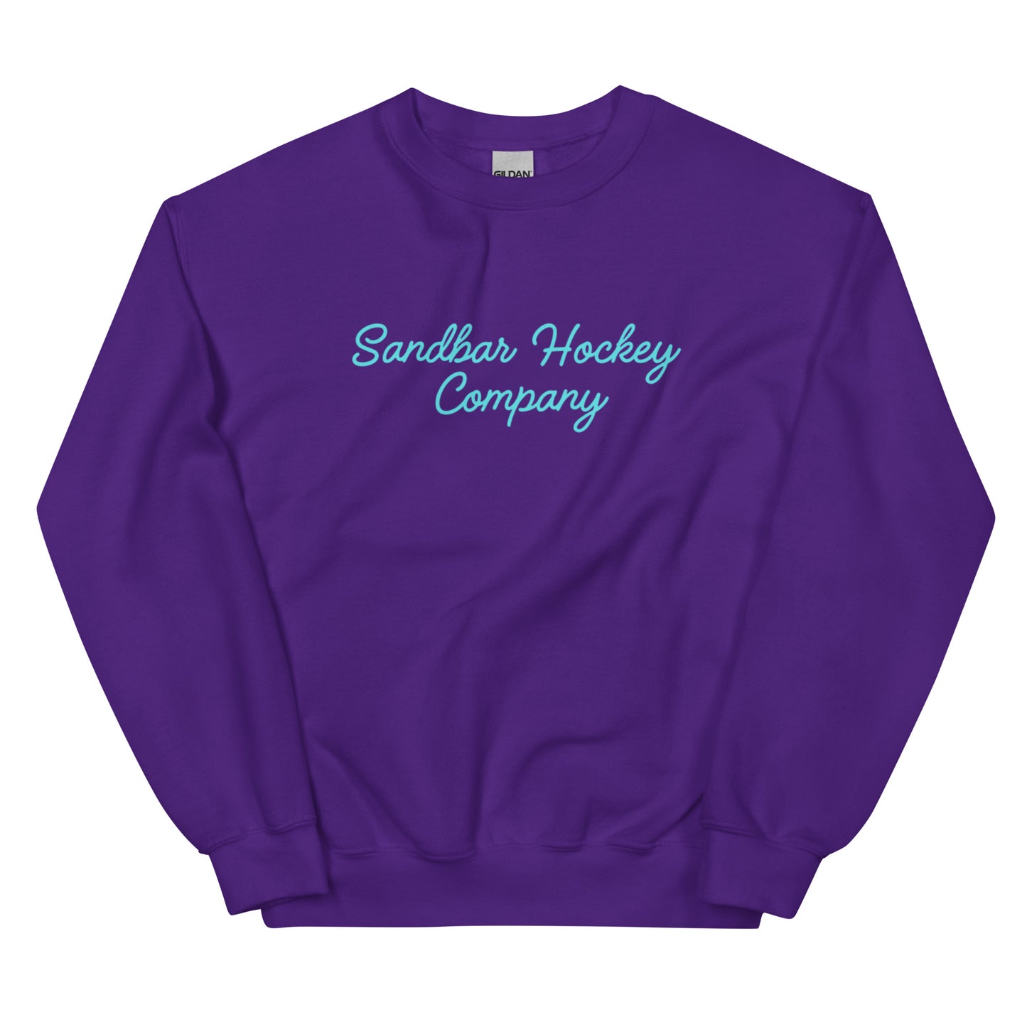 Purple hockey crewneck sweatshirt front side with turquoise Sandbar Hockey Company cursive logo