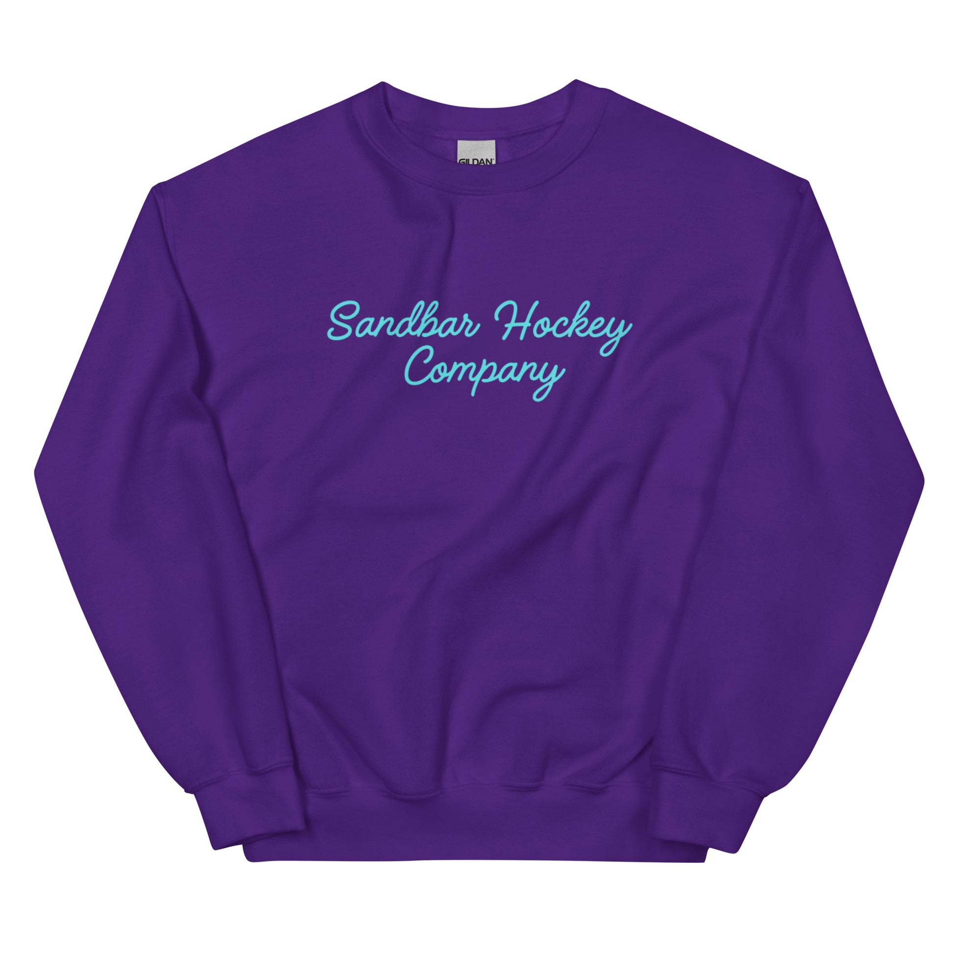 Purple hockey crewneck sweatshirt front side with turquoise Sandbar Hockey Company cursive logo