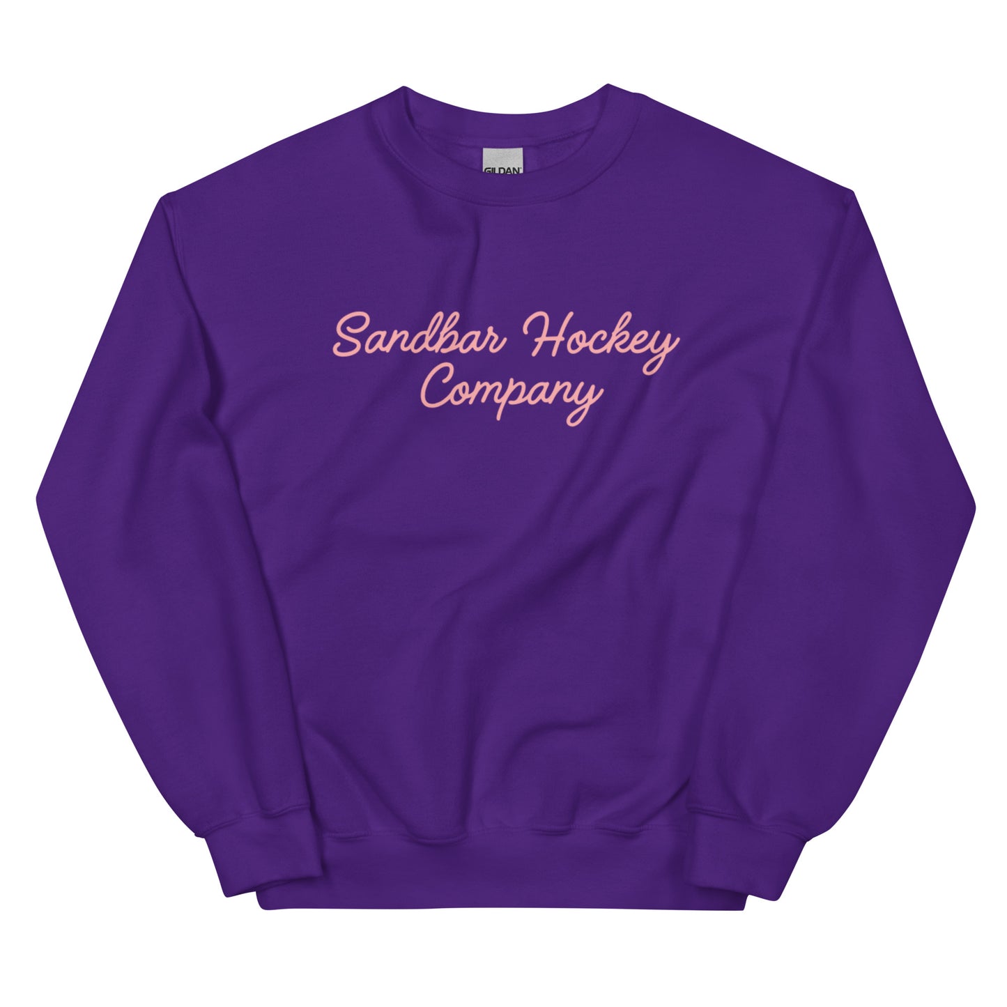 Purple hockey crewneck front side with pink Sandbar Hockey Company cursive logo