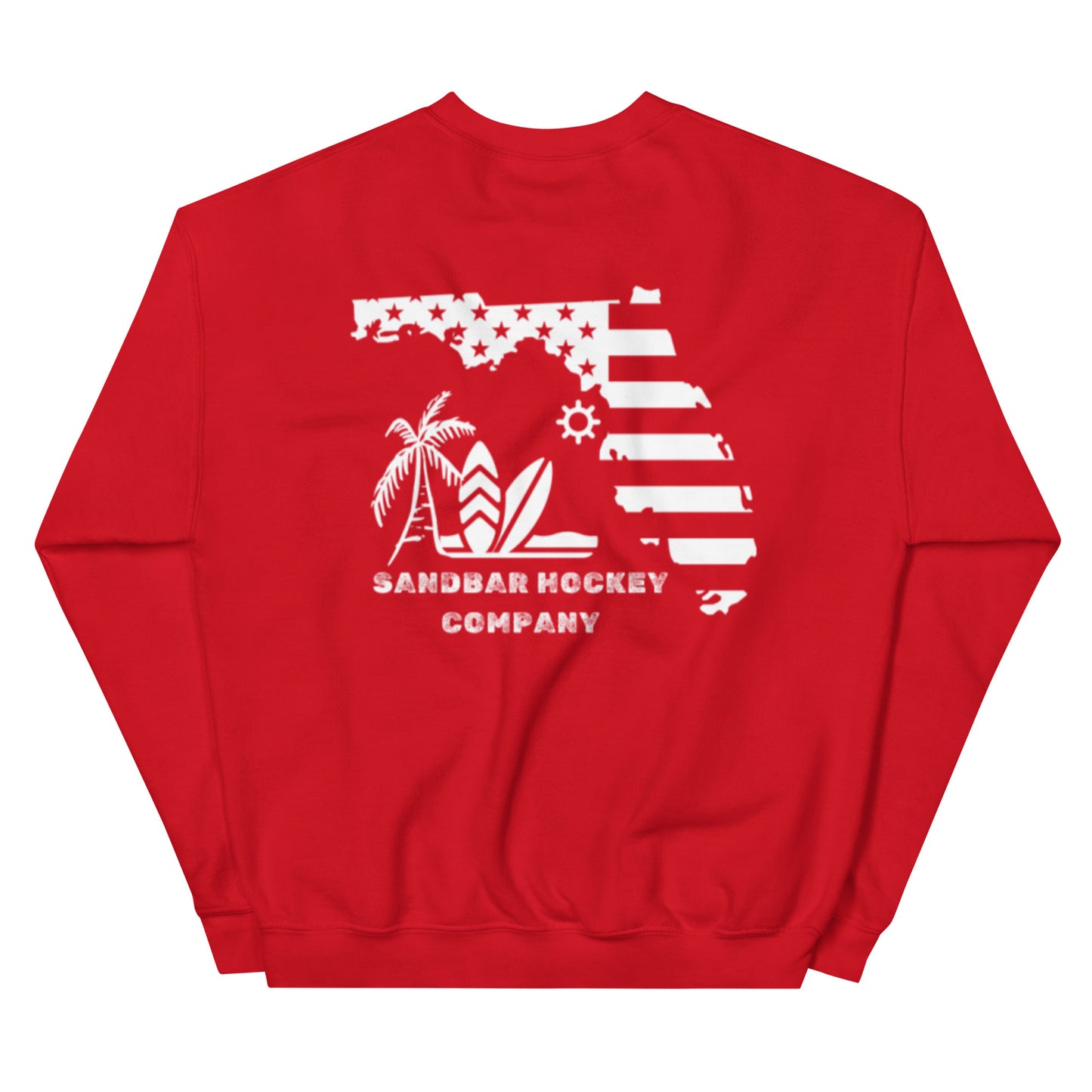 Red hockey crewneck sweatshirt back side with Florida state flag beach graphic and Sandbar Hockey Company logo