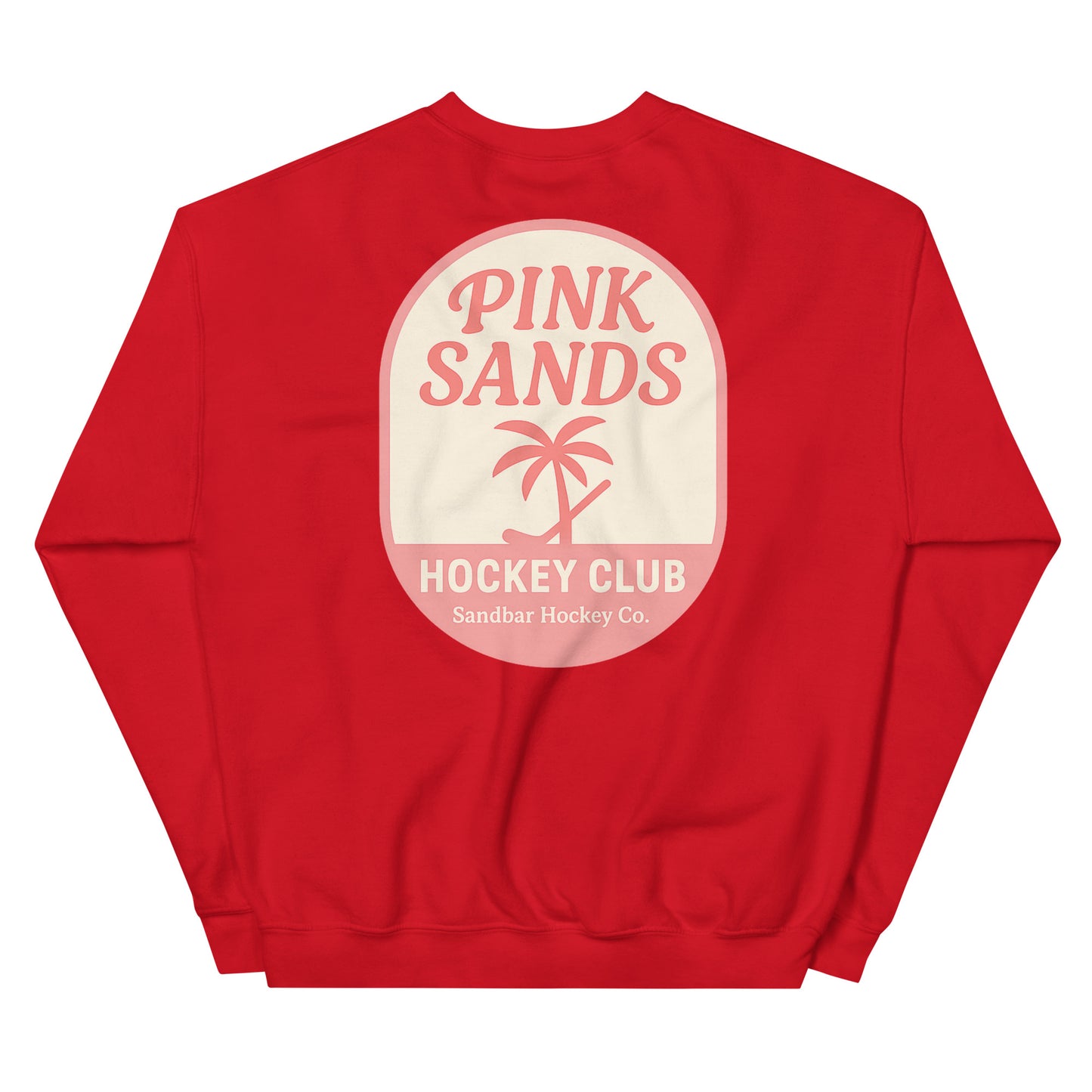 Red hockey crewneck back side with Pink Sands Hockey Club graphic and Sandbar Hockey Co. logo
