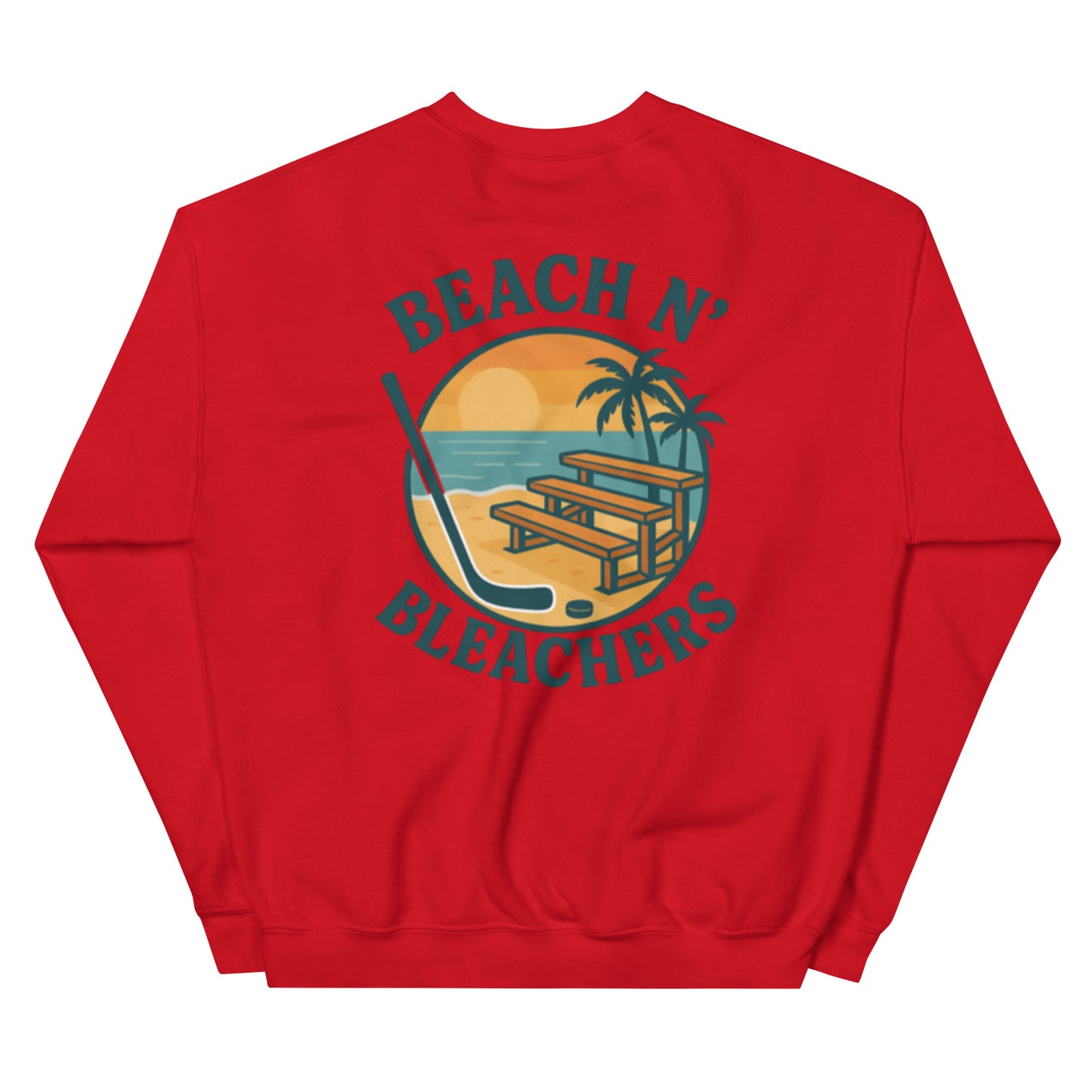 Red hockey crewneck sweatshirt back side with Beach N' Bleachers beach bleachers graphic