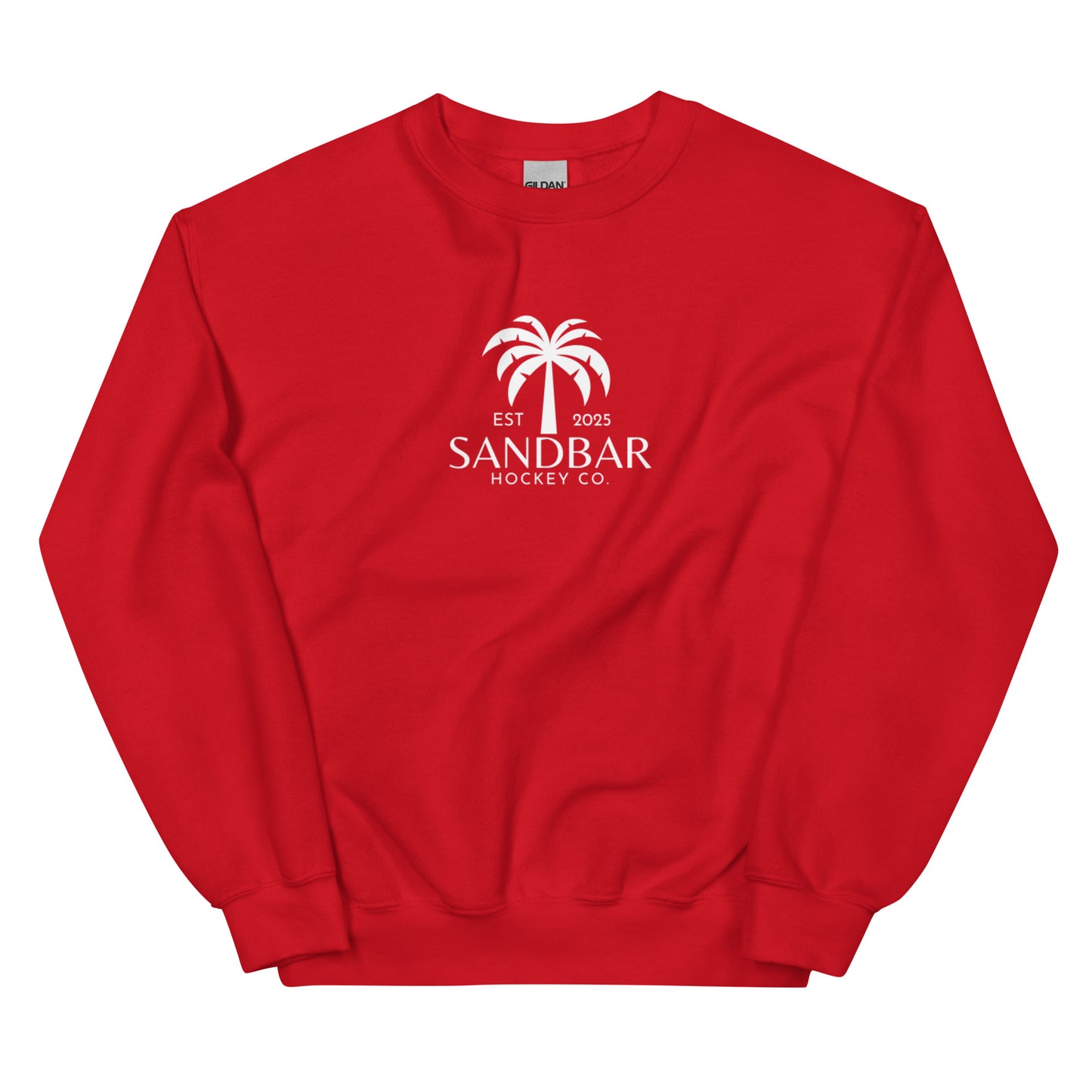 Red hockey crewneck sweatshirt front side with small palm tree Sandbar Hockey Co. chest logo