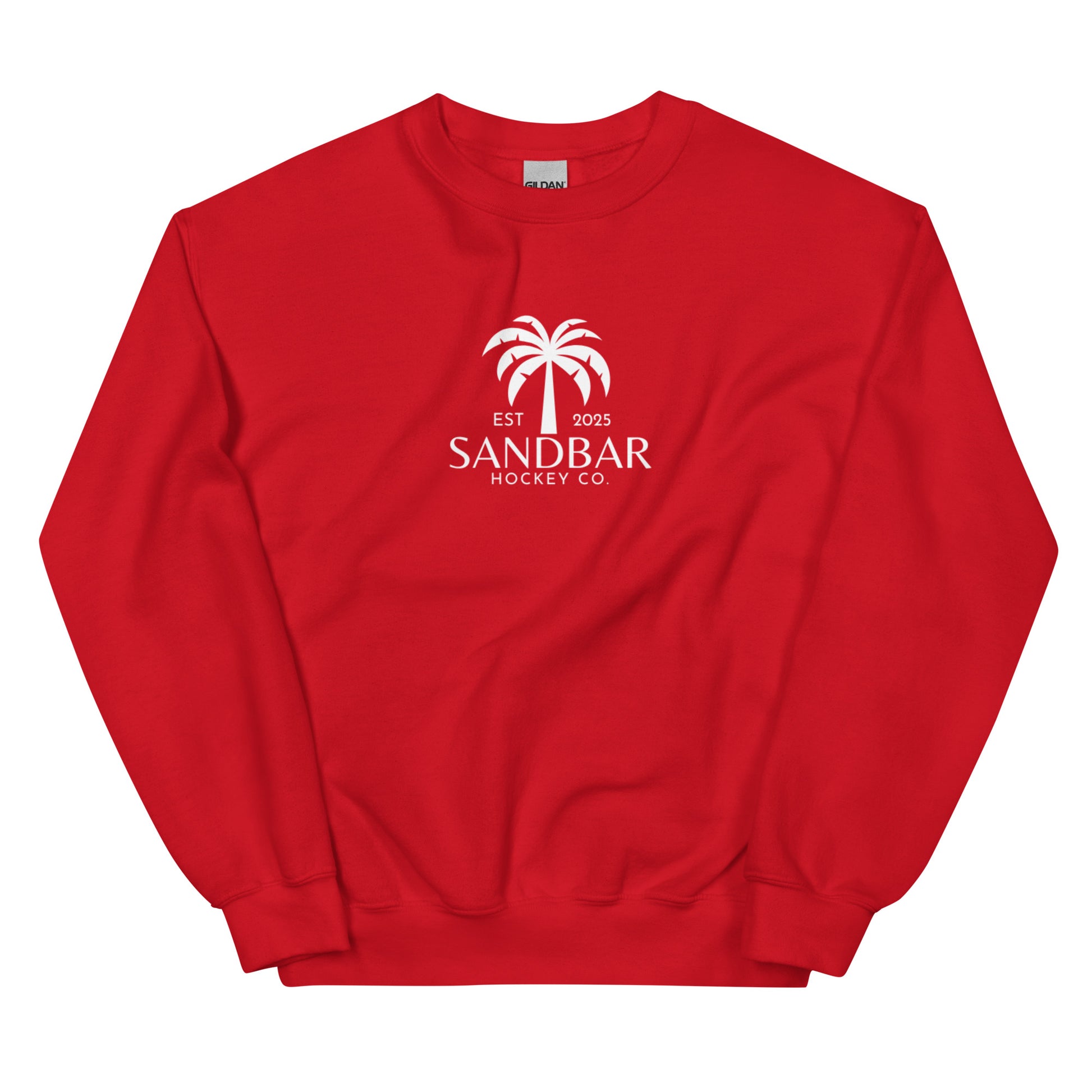 Red hockey crewneck sweatshirt front side with small palm tree Sandbar Hockey Co. chest logo