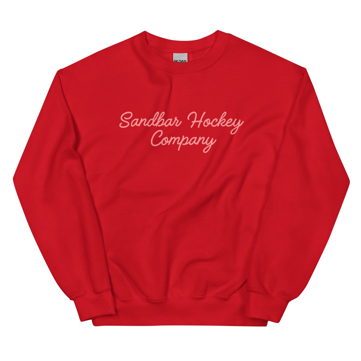 Red hockey crewneck front side with pink Sandbar Hockey Company cursive logo