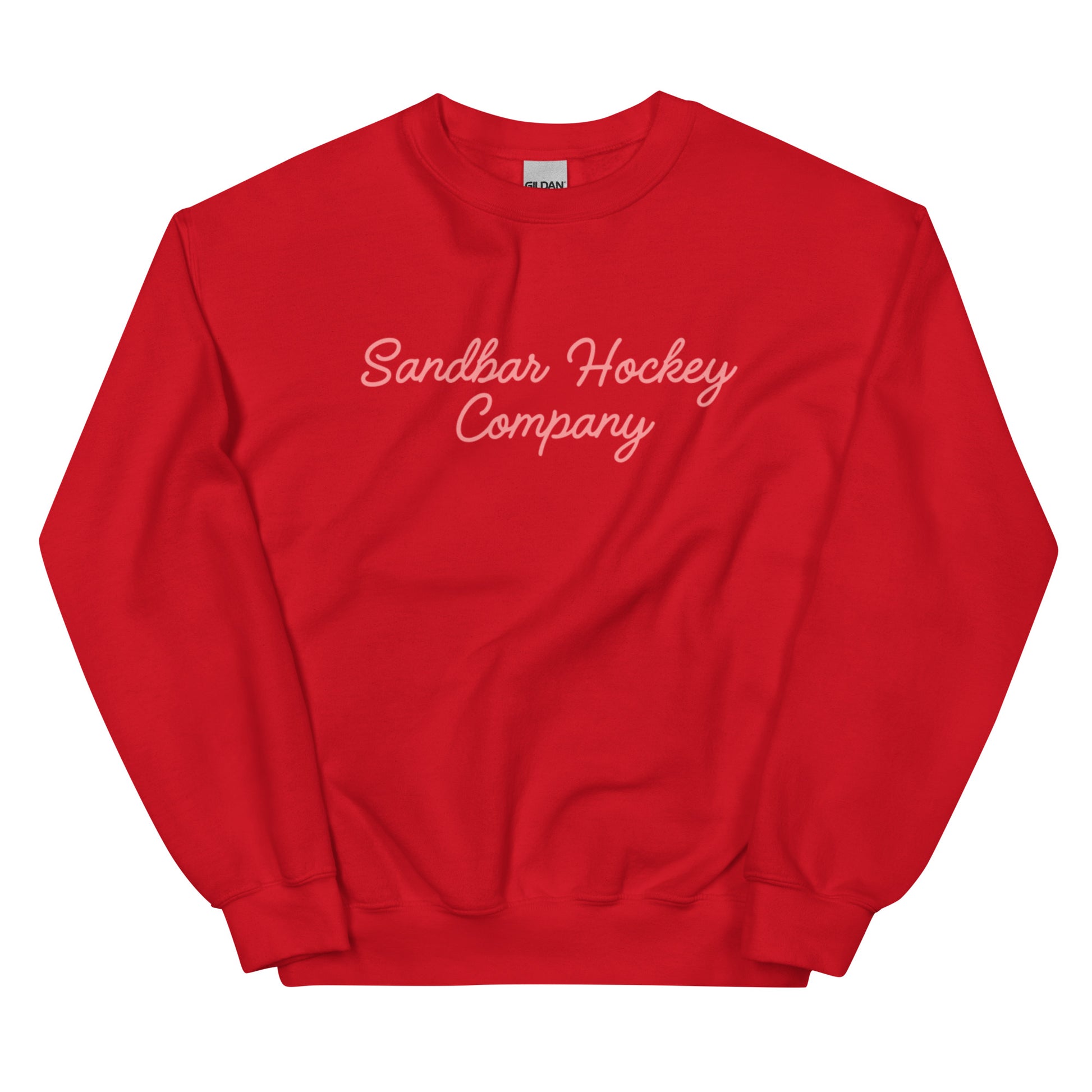 Red hockey crewneck front side with pink Sandbar Hockey Company cursive logo