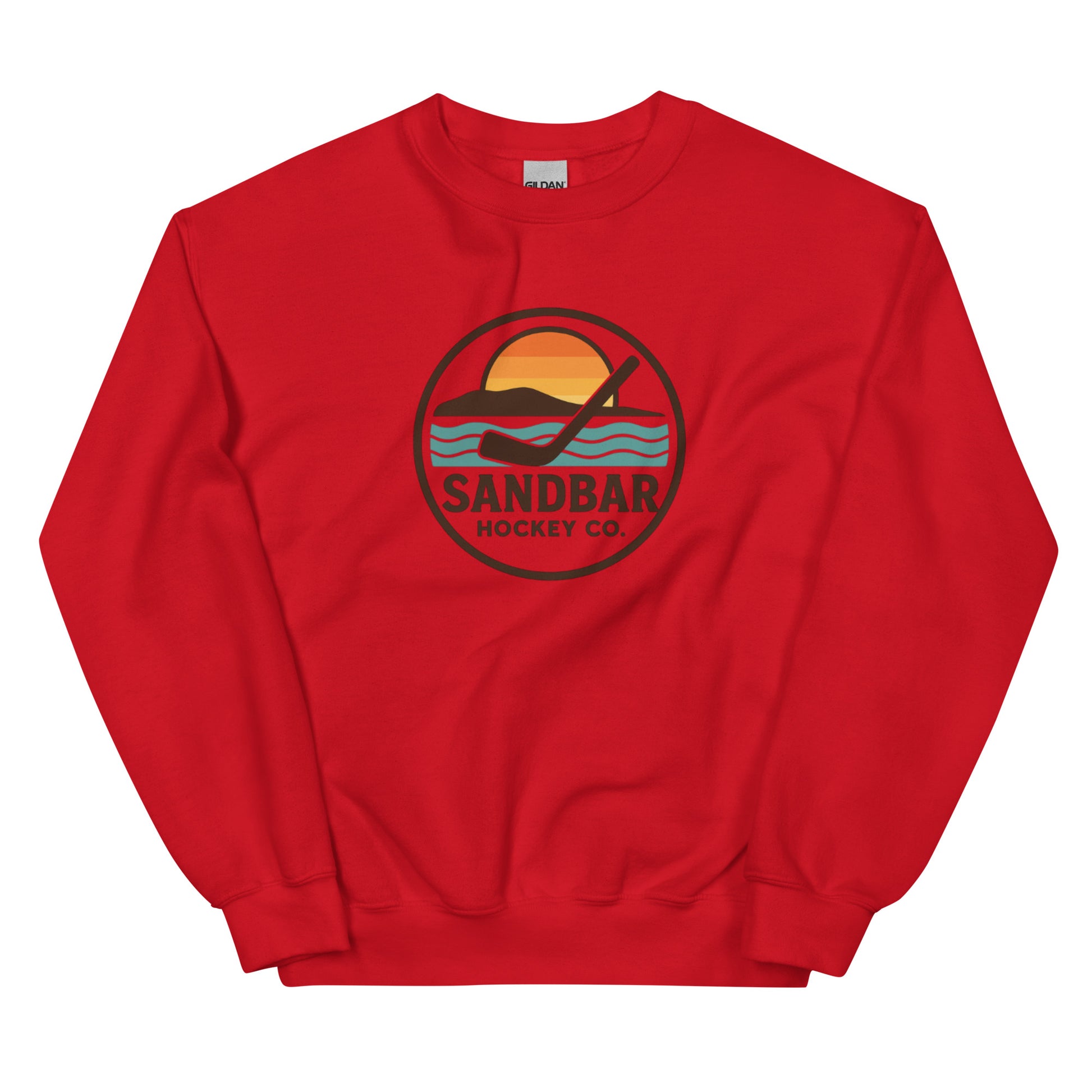 Red hockey crewneck sweatshirt front side with circular Sandbar Hockey Co. sunset wave logo