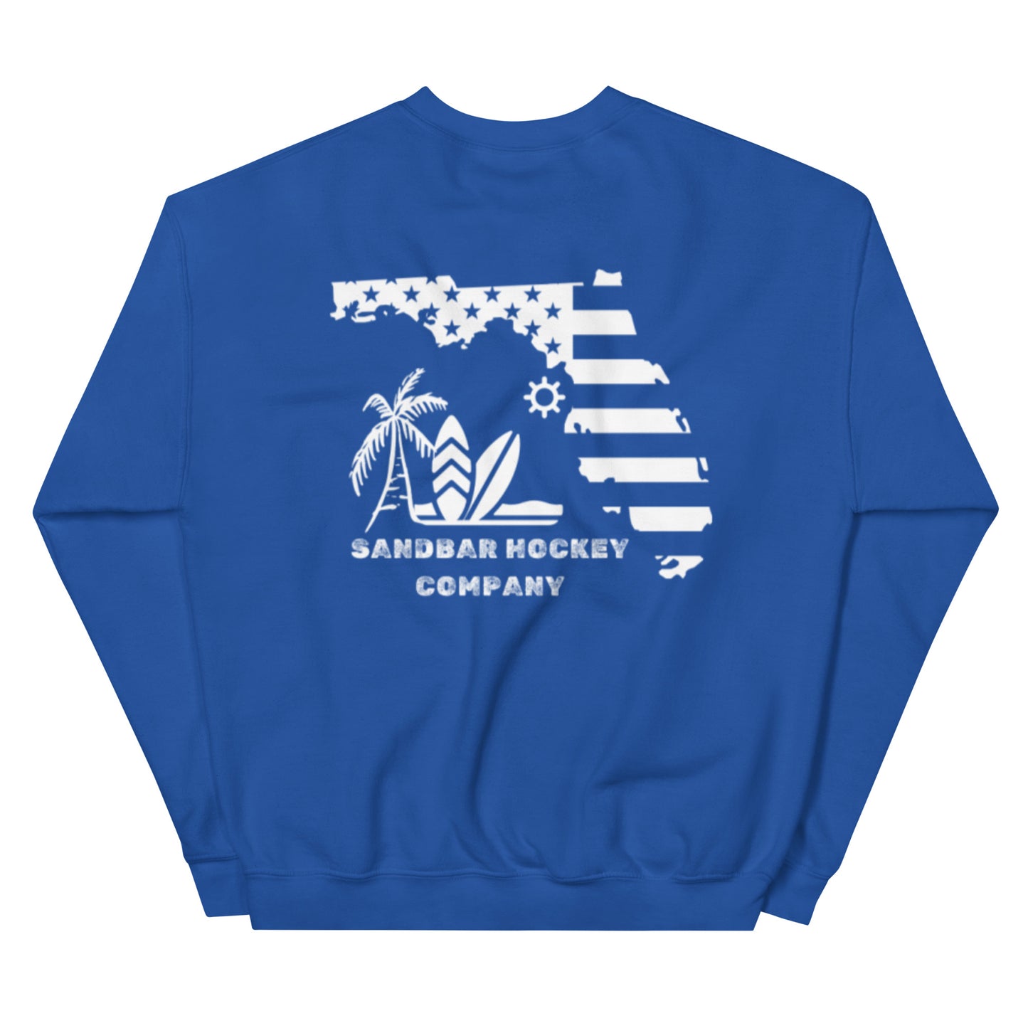 Blue hockey crewneck sweatshirt back side with Florida state flag beach graphic and Sandbar Hockey Company logo