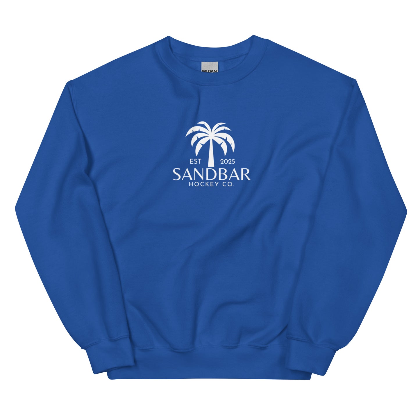 Blue hockey crewneck sweatshirt front side with small palm tree Sandbar Hockey Co. chest logo