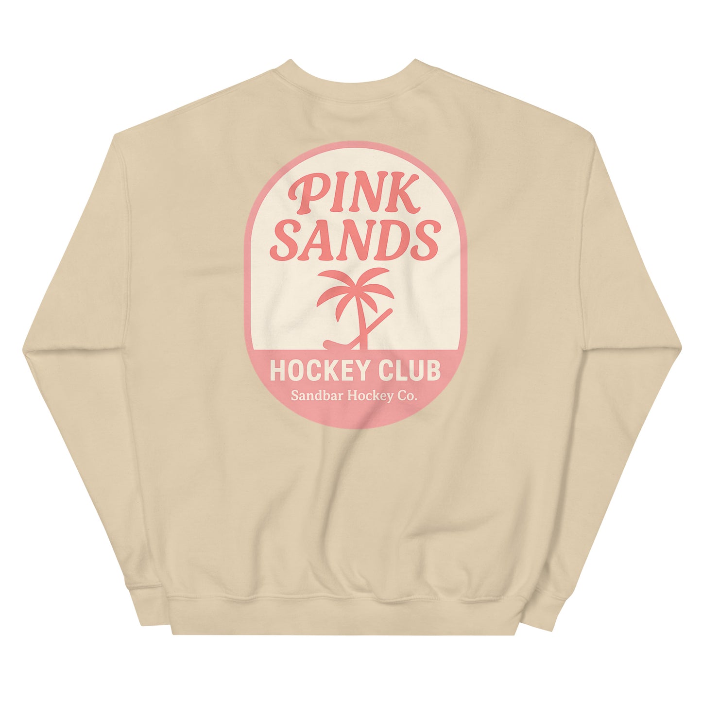 Sand hockey crewneck back side with Pink Sands Hockey Club graphic and Sandbar Hockey Co. logo
