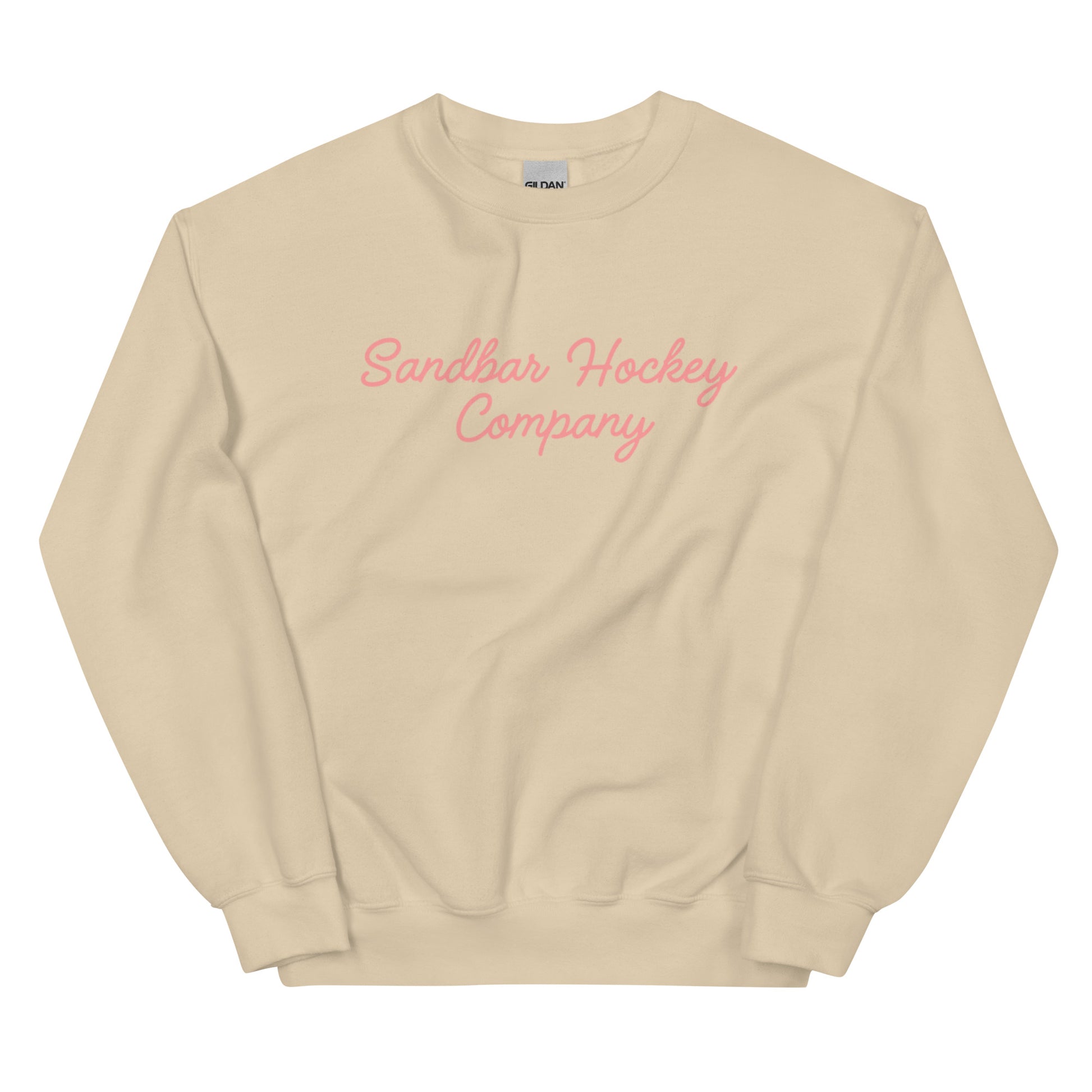 Sand hockey crewneck front side with pink Sandbar Hockey Company cursive logo