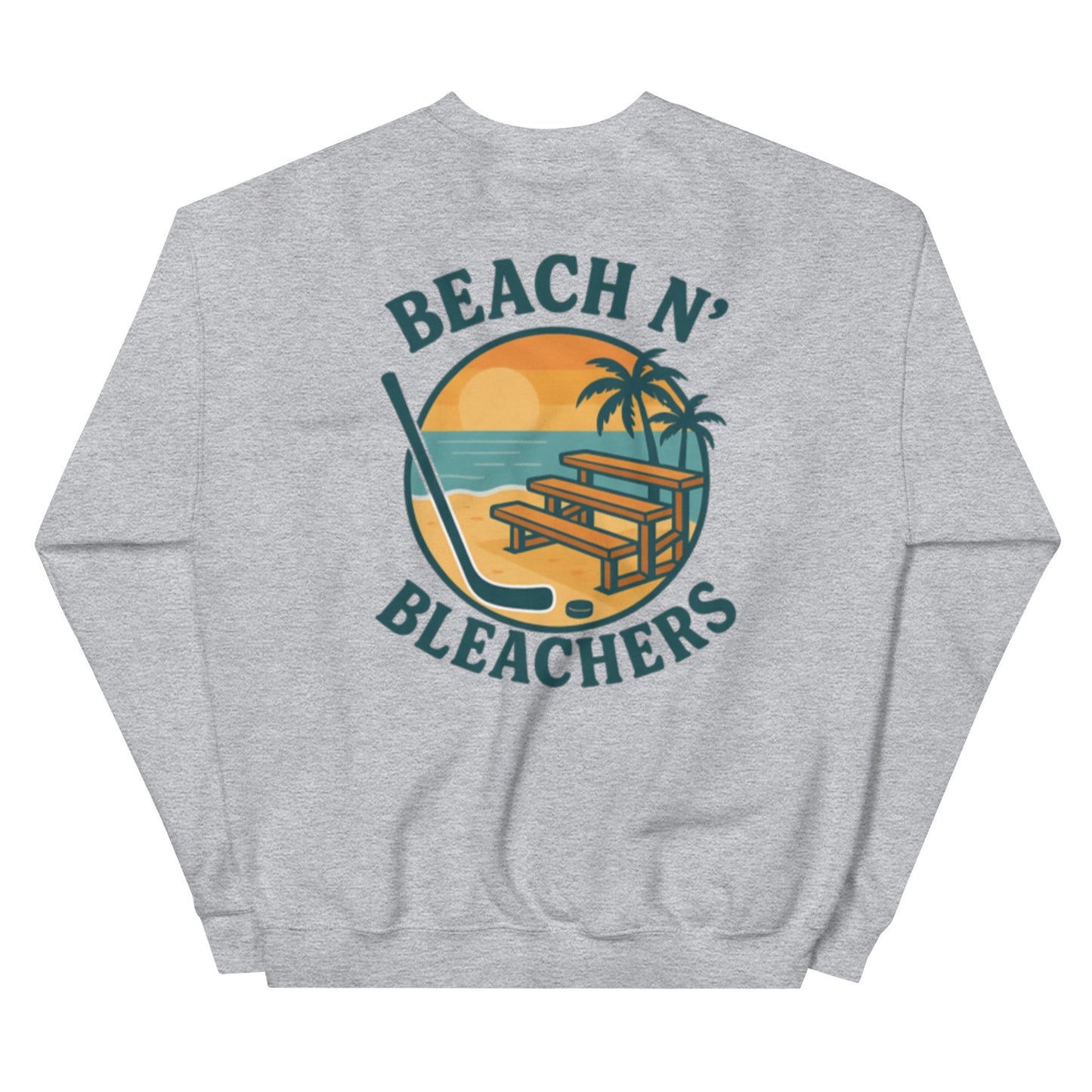 Ash hockey crewneck sweatshirt back side with Beach N' Bleachers beach bleachers graphic