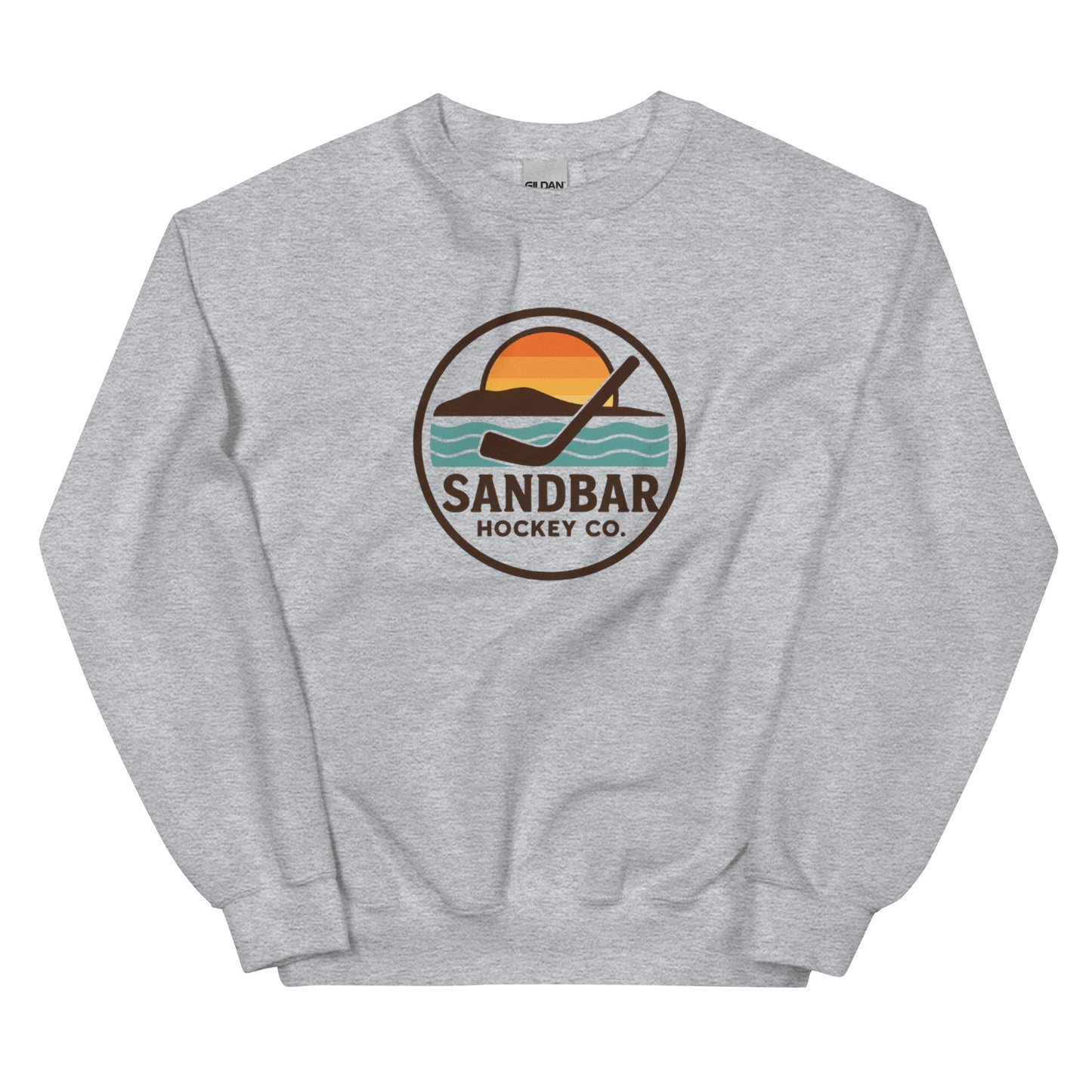 Ash hockey crewneck sweatshirt front side with circular Sandbar Hockey Co. sunset wave logo