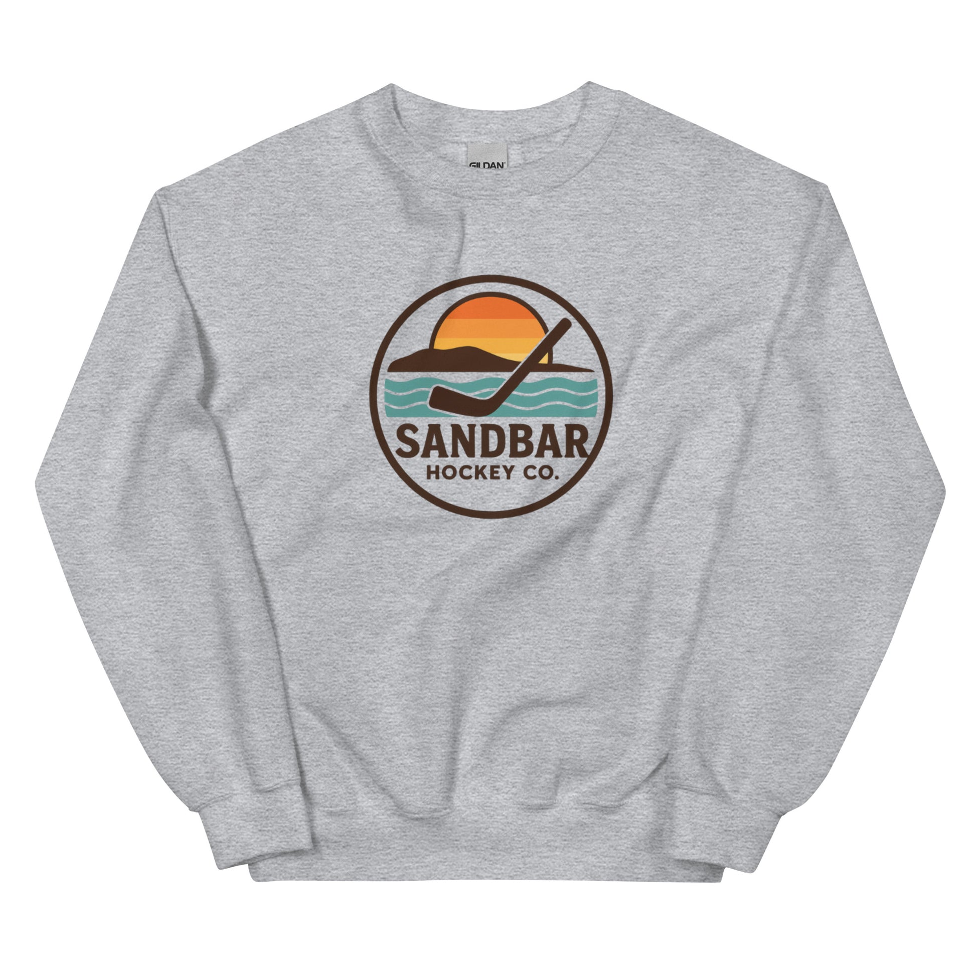 Ash hockey crewneck sweatshirt front side with circular Sandbar Hockey Co. sunset wave logo