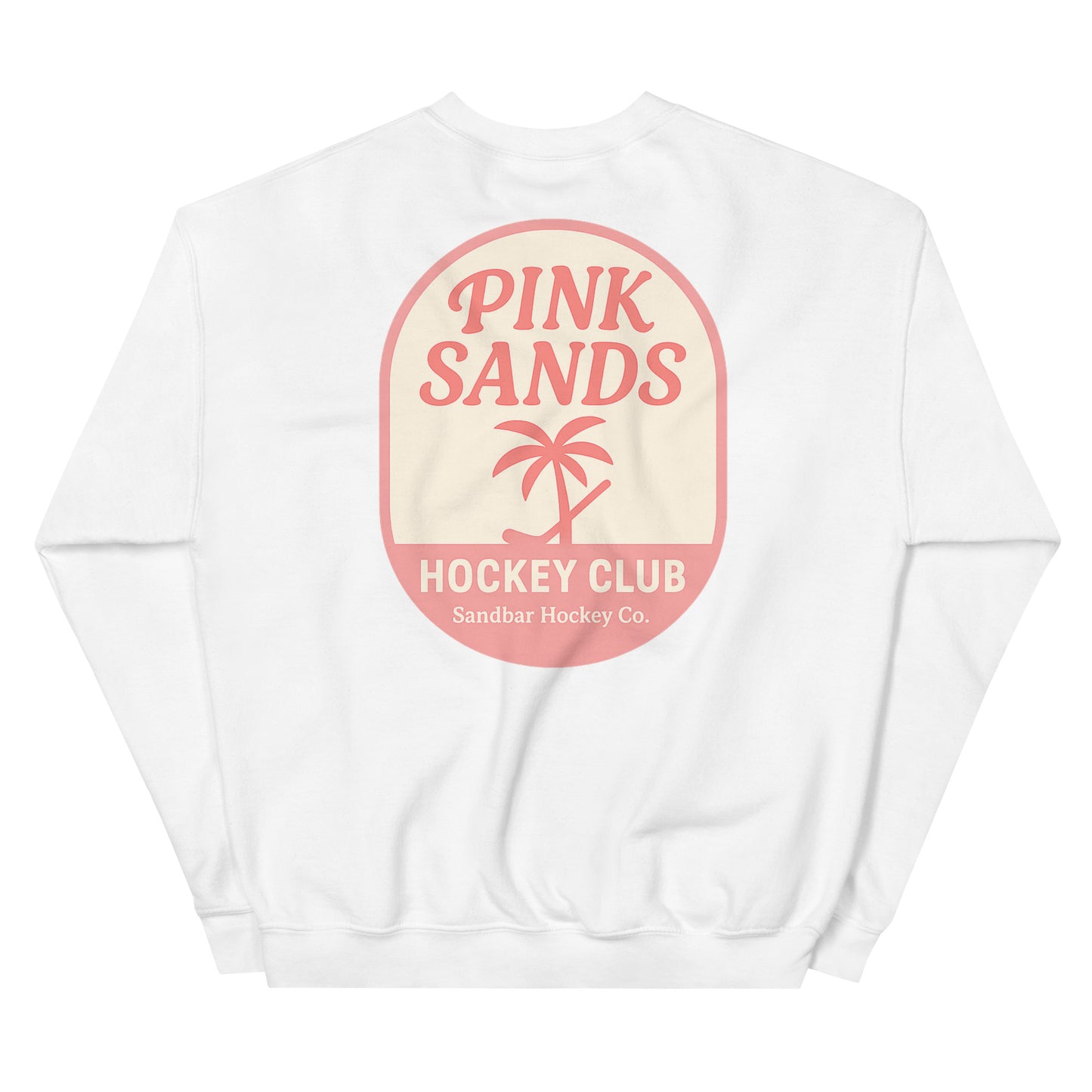 White hockey crewneck back side with Pink Sands Hockey Club graphic and Sandbar Hockey Co. logo