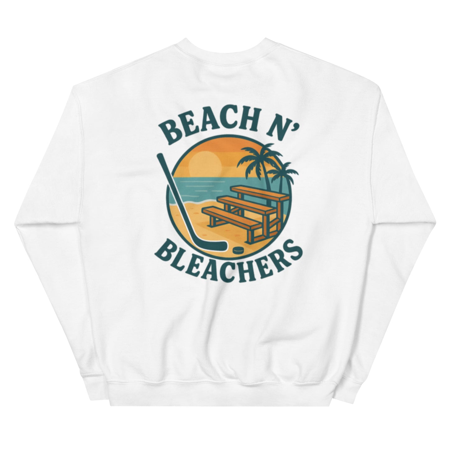 White hockey crewneck sweatshirt back side with Beach N' Bleachers beach bleachers graphic