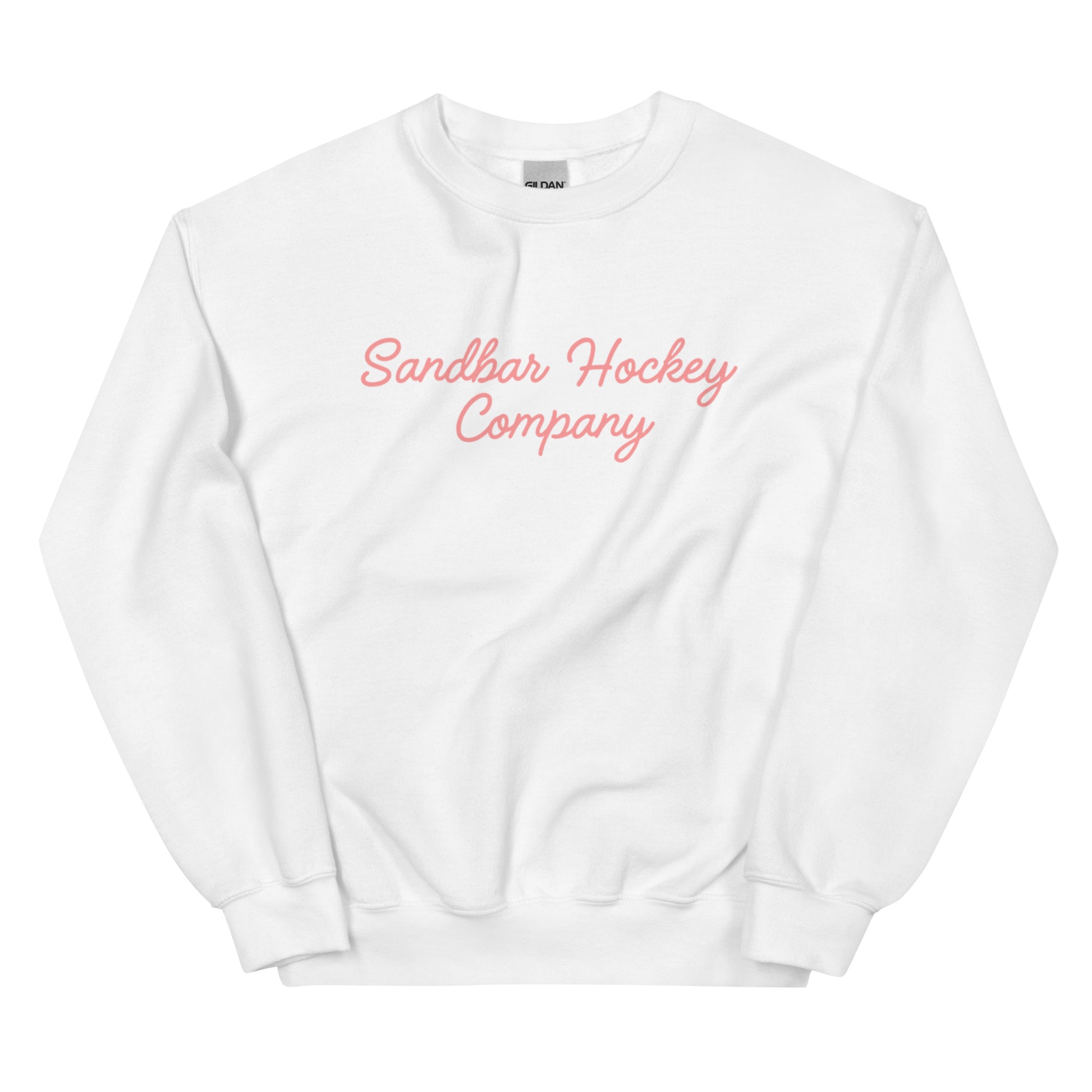 White hockey crewneck front side with pink Sandbar Hockey Company cursive logo