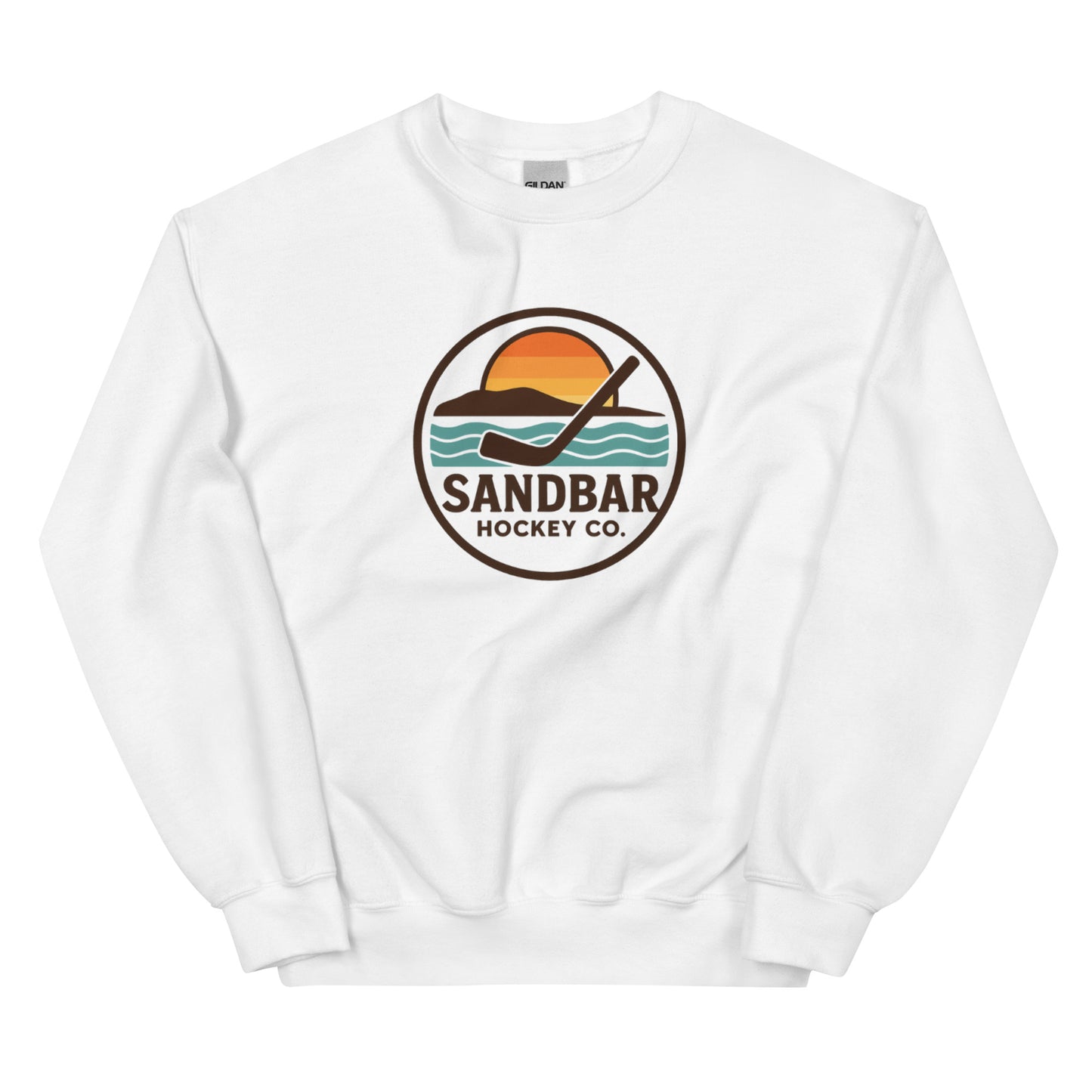White hockey crewneck sweatshirt front side with circular Sandbar Hockey Co. sunset wave logo