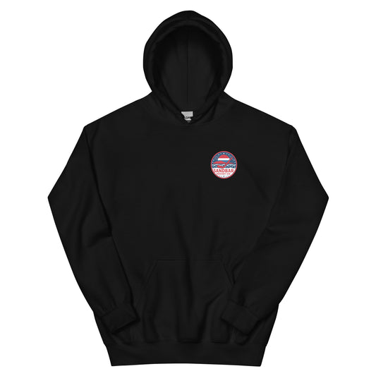 Black hockey lifestyle hoodie front side with small Sandbar Hockey chest logo
