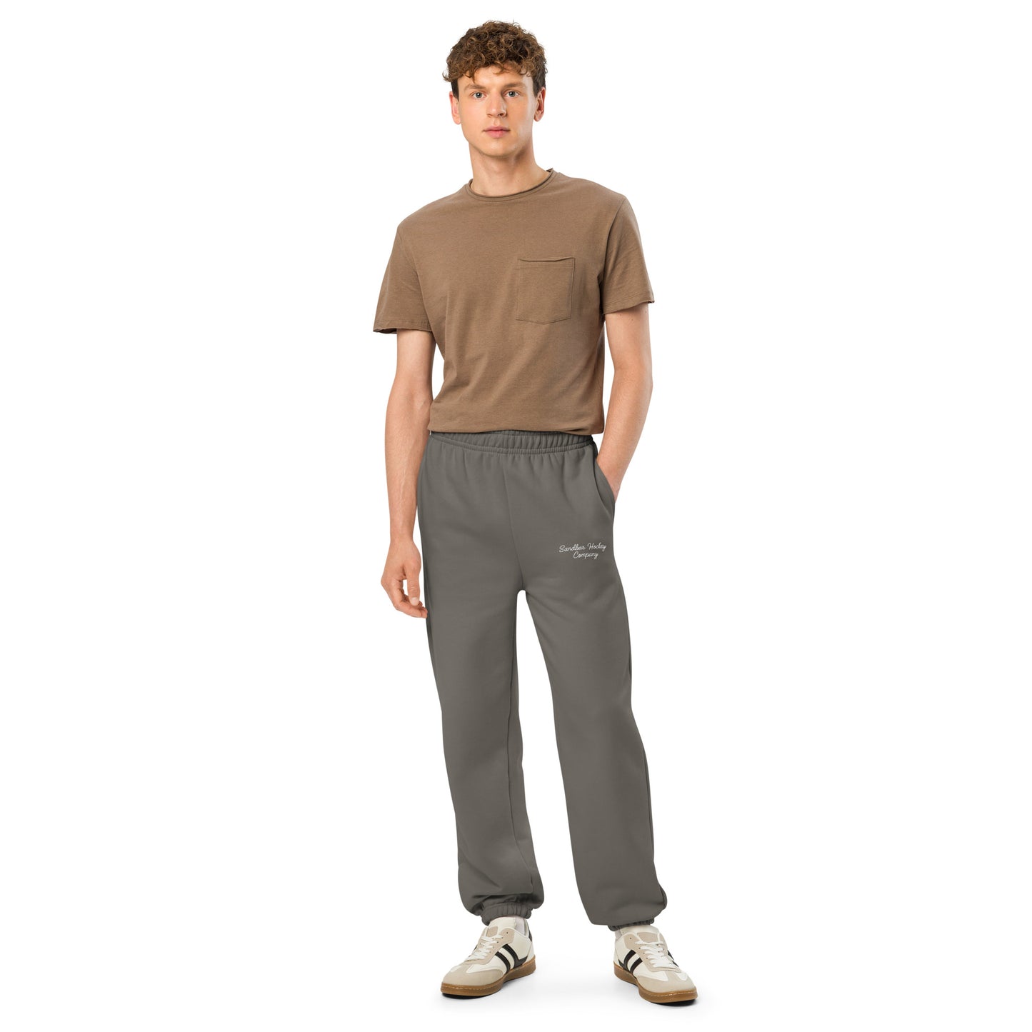 Asphalt hockey sweatpants full front view on model with side pockets