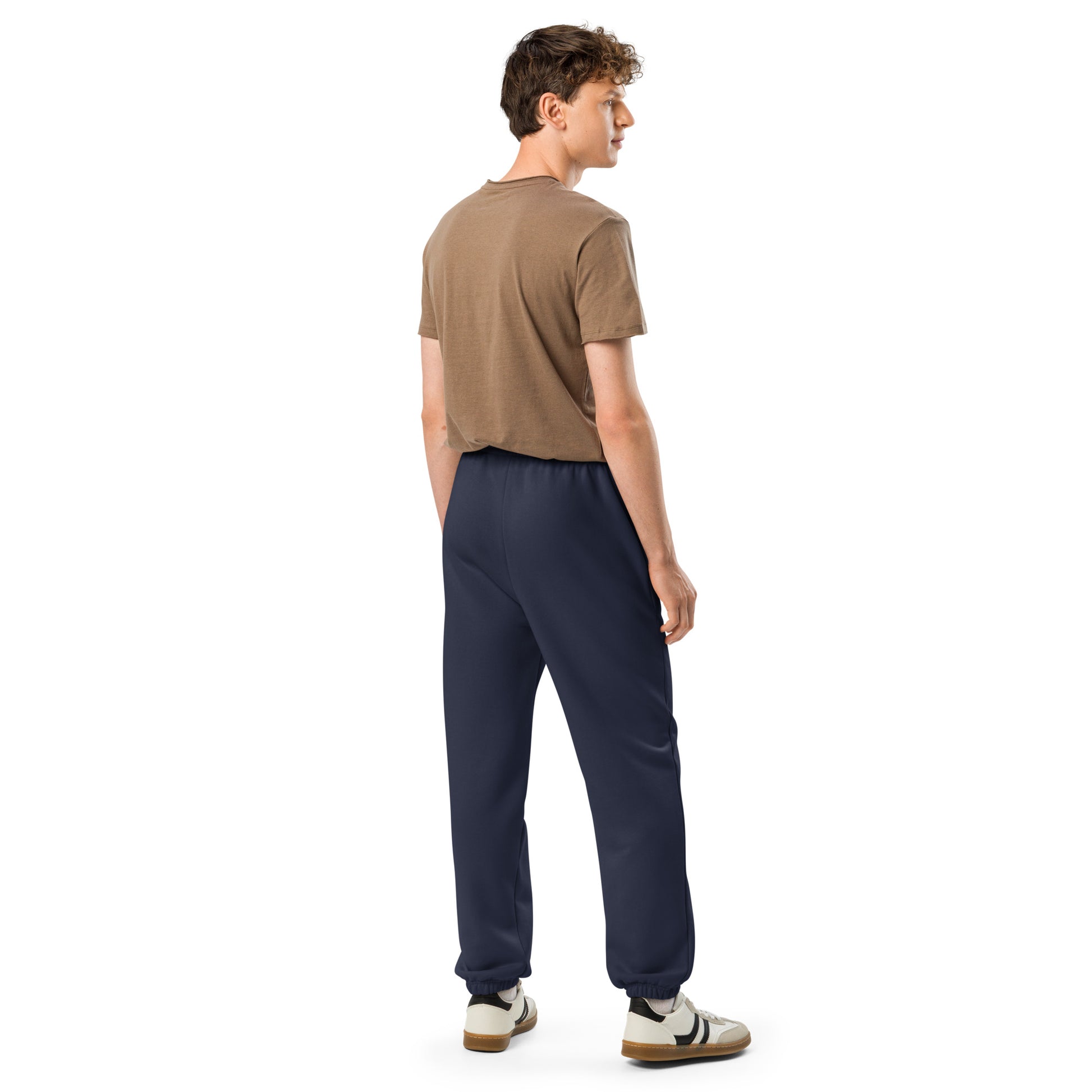 Navy hockey sweatpants back side view on model