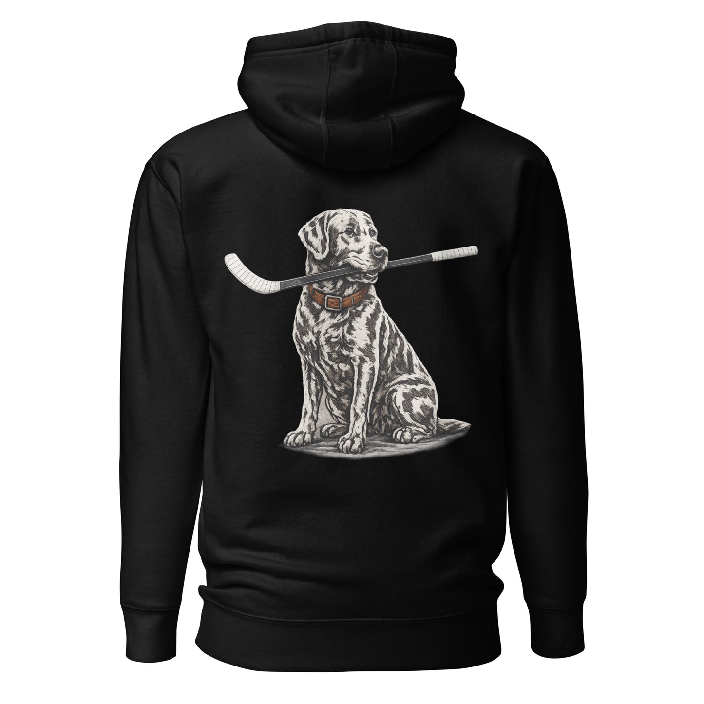 Black hockey hoodie shown from the back, featuring the large dog-with-hockey-stick graphic across the back.