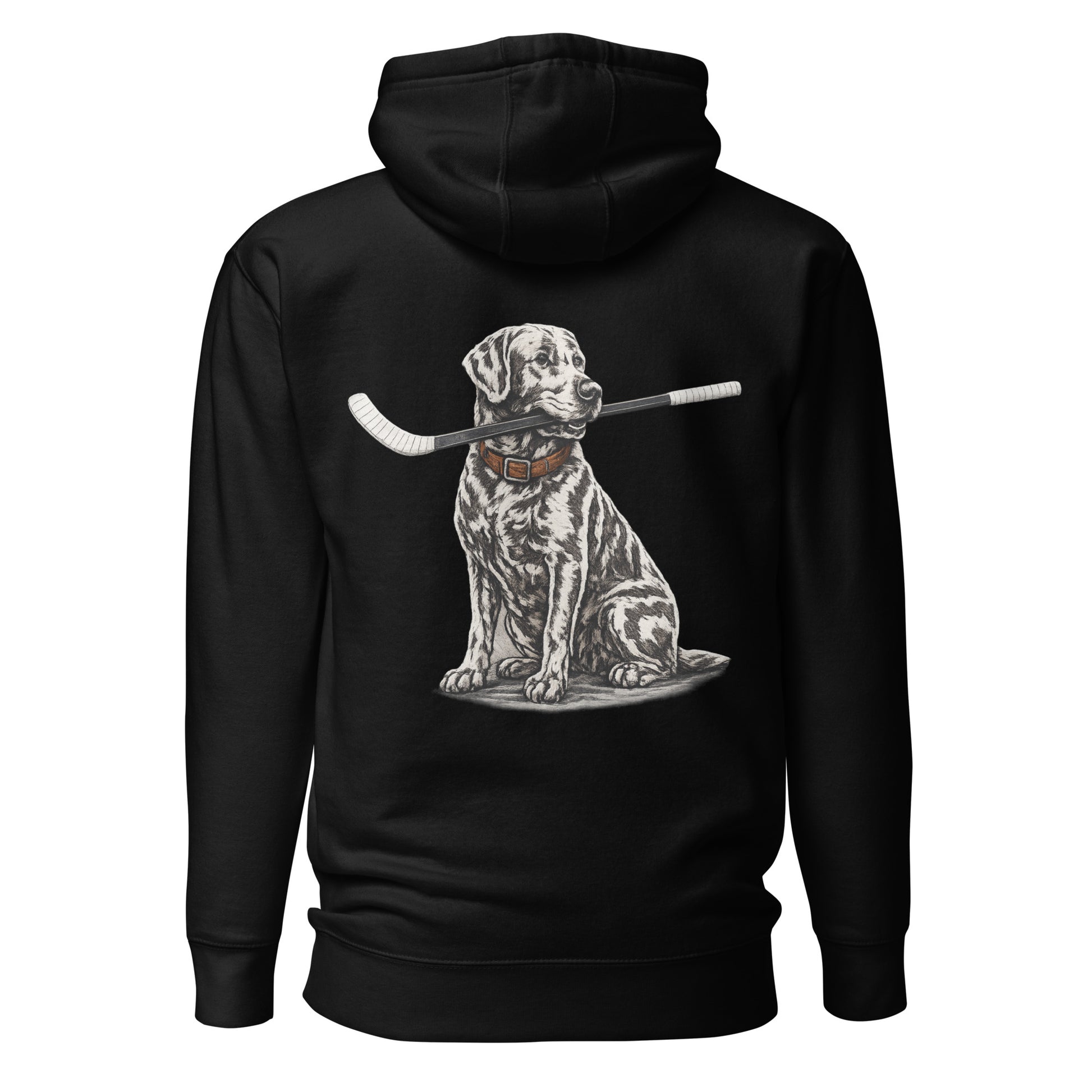 Black hockey hoodie shown from the back, featuring the large dog-with-hockey-stick graphic across the back.