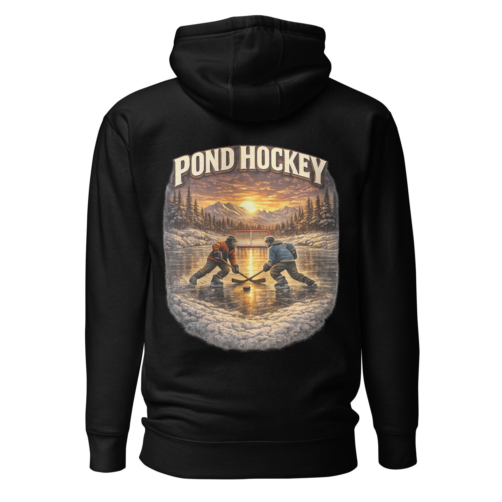 Black pullover hoodie with a large back graphic showing two hockey players on a frozen pond at sunset, with mountains, pine trees, a net in the background, and “POND HOCKEY” in bold lettering above.