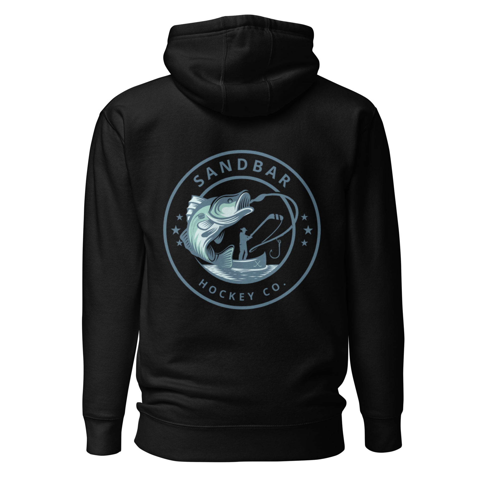 Black fishing hockey hoodie back side with large circular bass fishing logo and fisherman holding hockey stick silhouette