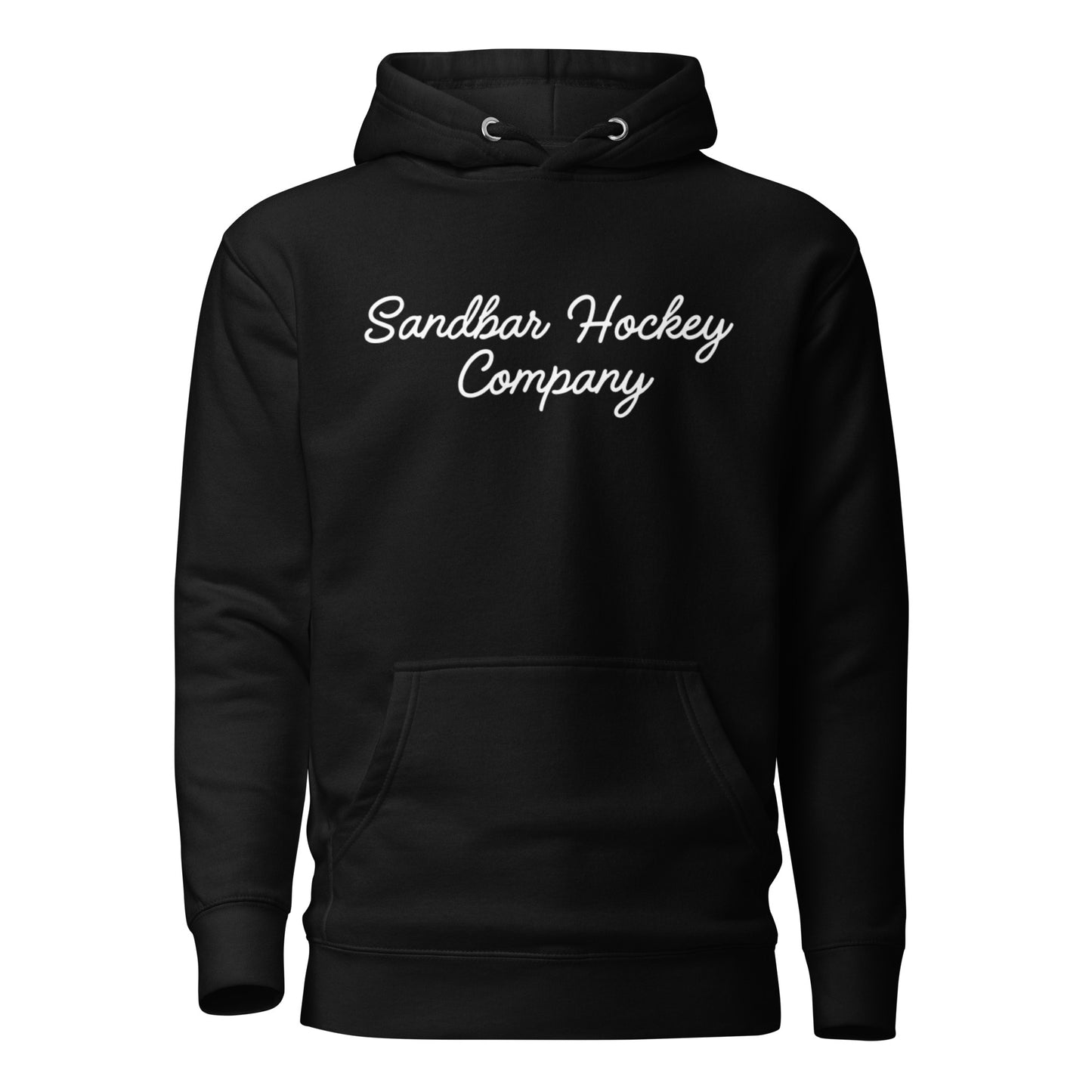 Black hockey hoodie shown from the front, featuring a white Sandbar Hockey Company script logo across the chest.