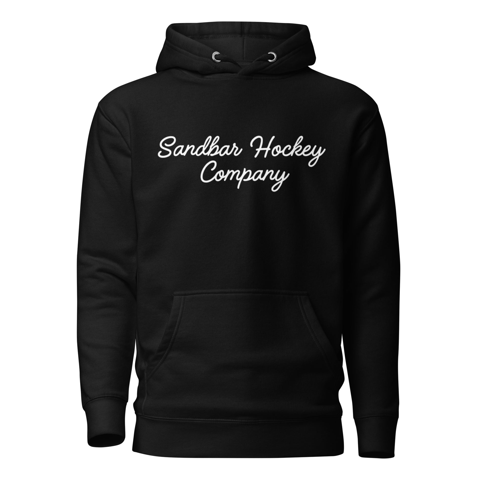 Black pullover hoodie with “Sandbar Hockey Company” printed in white script across the upper chest and a front kangaroo pocket.