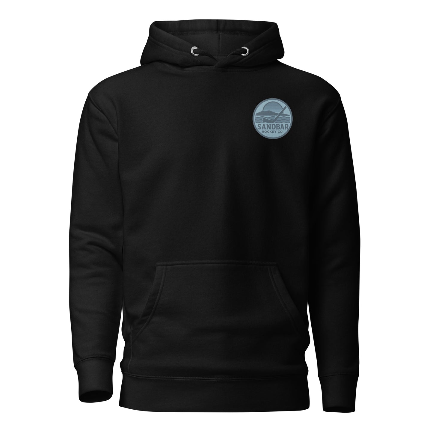 Black fishing hockey hoodie front side with small blue Sandbar Hockey logo
