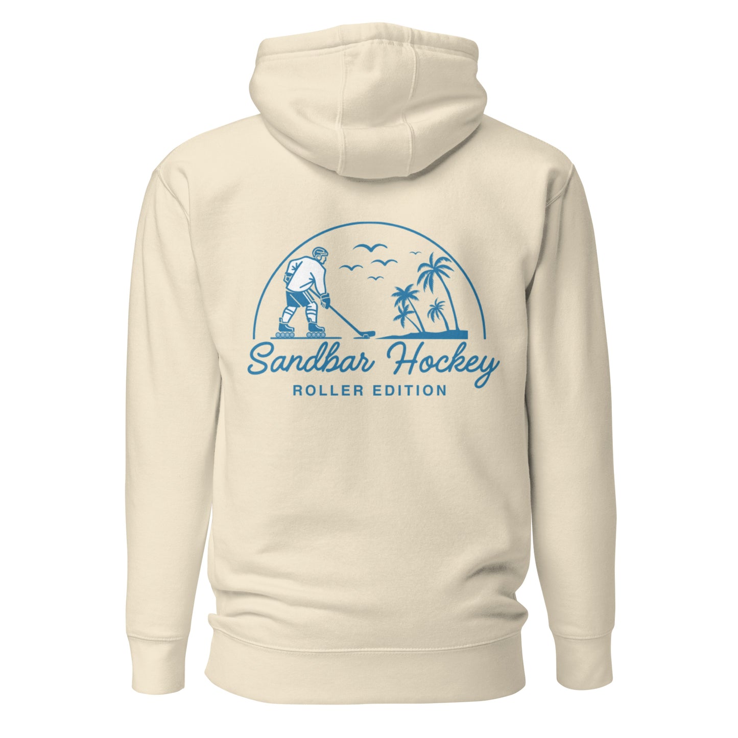 Tan coastal roller hockey hoodie with a large blue Sandbar Hockey Roller Edition graphic on the back featuring a roller hockey player, palm trees, birds, and a curved sunset design