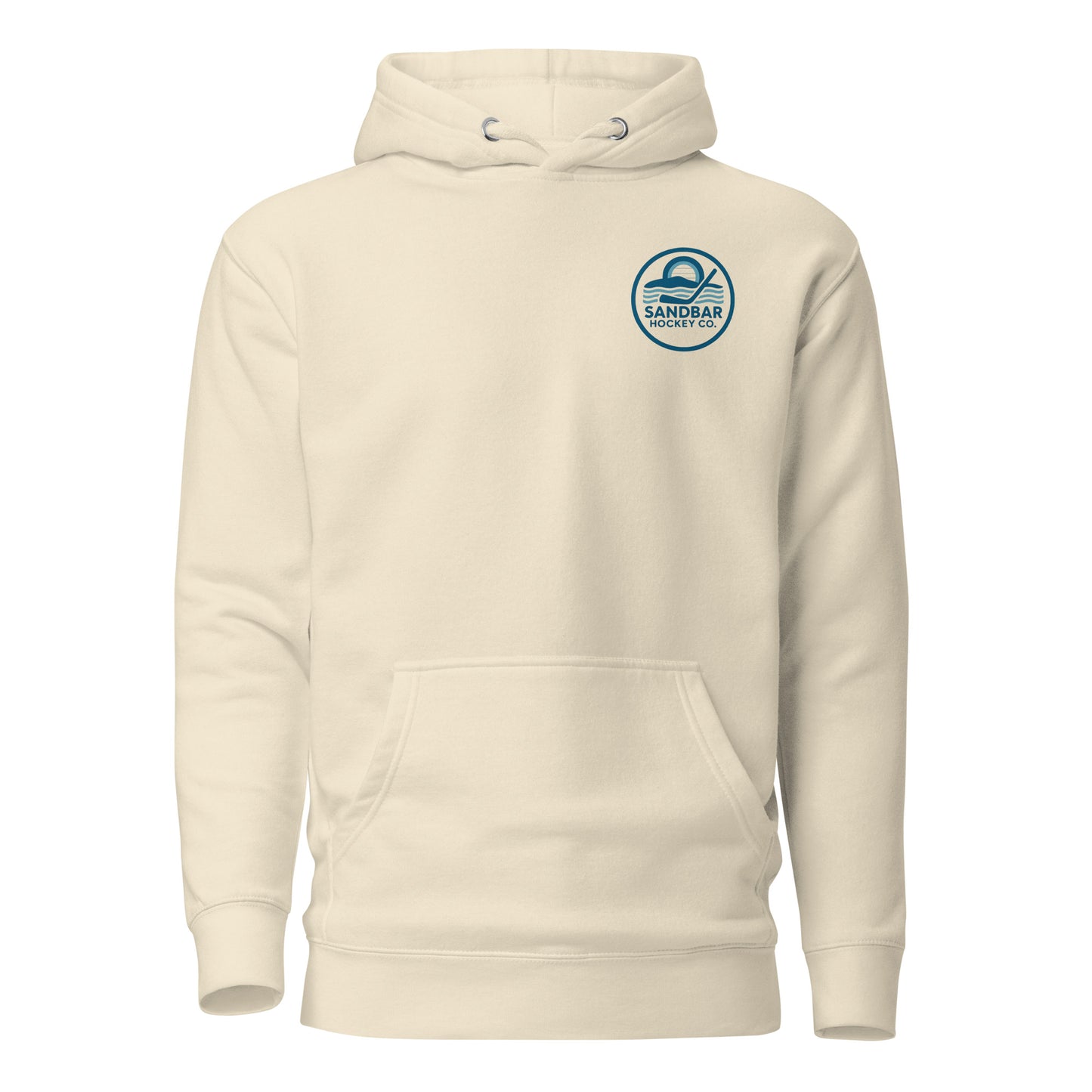 Tan coastal roller hockey hoodie with a small blue round Sandbar Hockey Co. logo on the front left chest