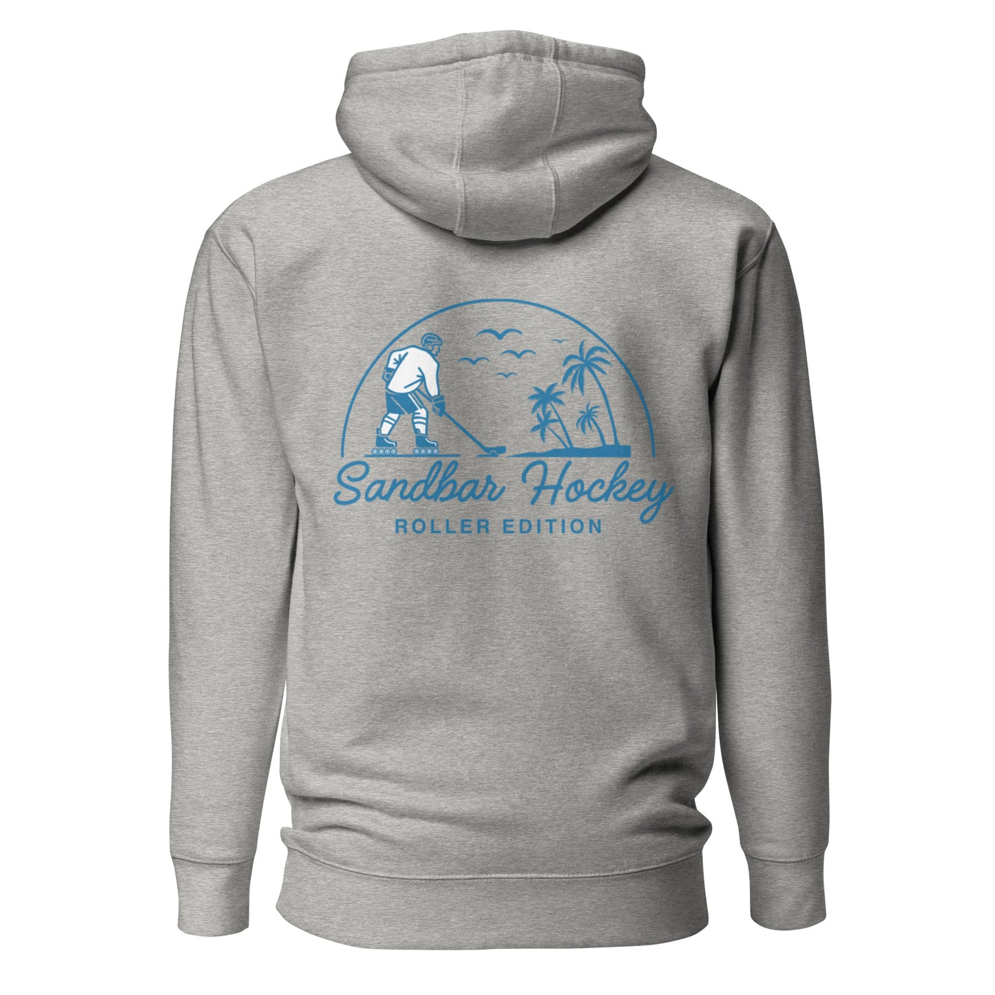 Gray coastal roller hockey hoodie with a large blue Sandbar Hockey Roller Edition graphic on the back featuring a roller hockey player, palm trees, birds, and a curved sunset design