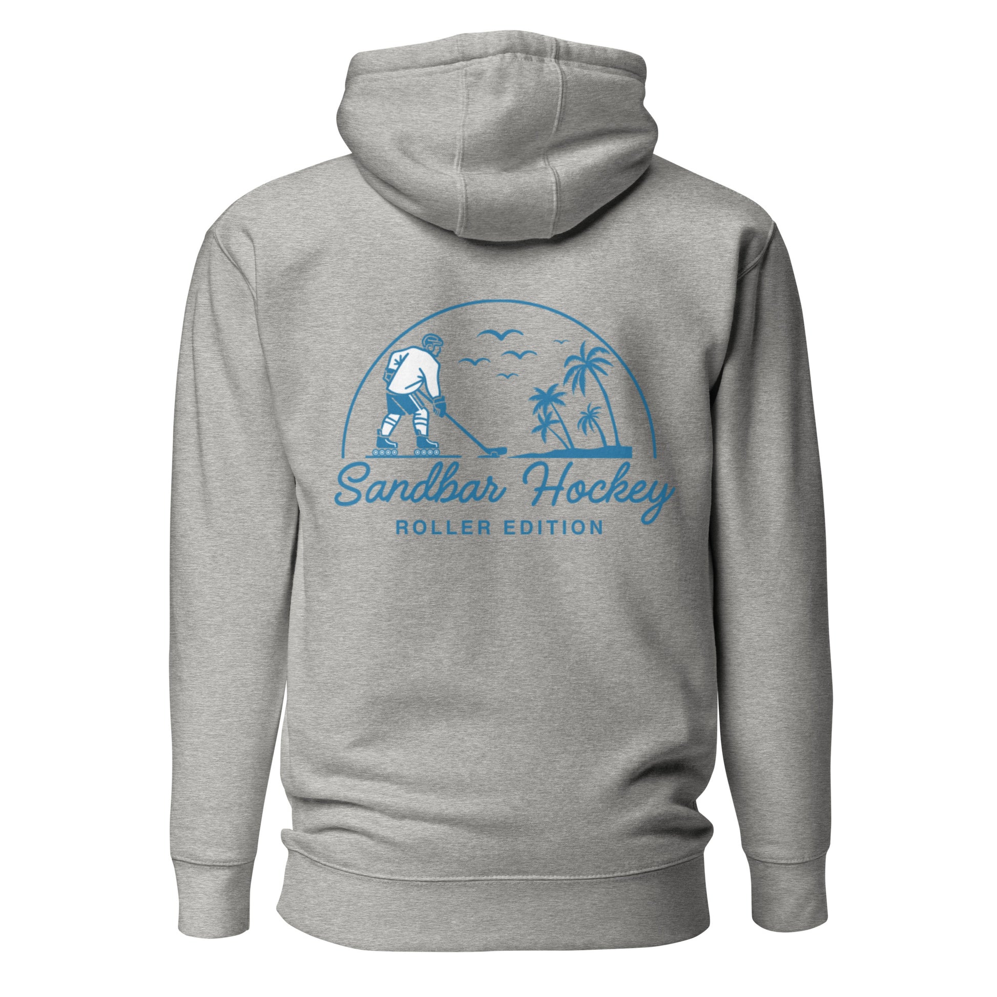 Gray coastal roller hockey hoodie with a large blue Sandbar Hockey Roller Edition graphic on the back featuring a roller hockey player, palm trees, birds, and a curved sunset design