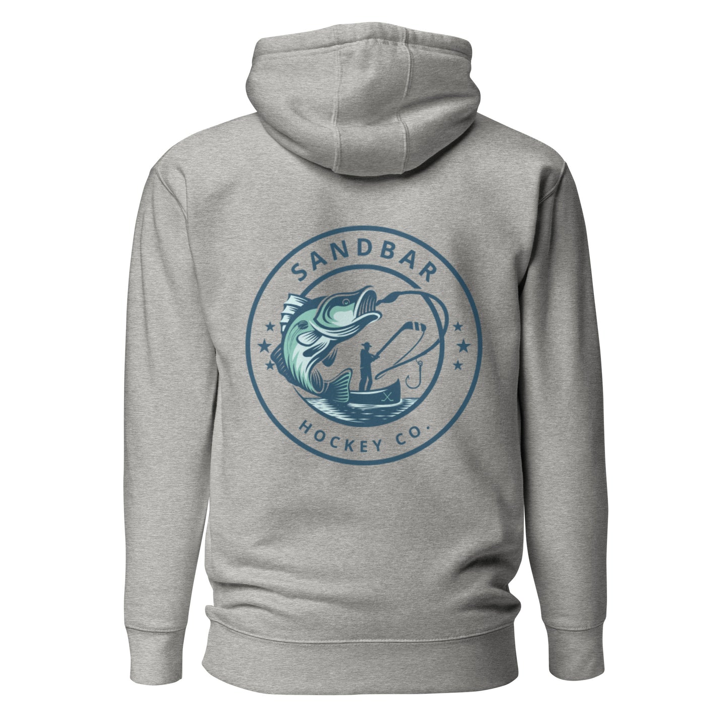 Grey fishing hockey hoodie back side with large circular bass fishing logo and fisherman holding hockey stick silhouette