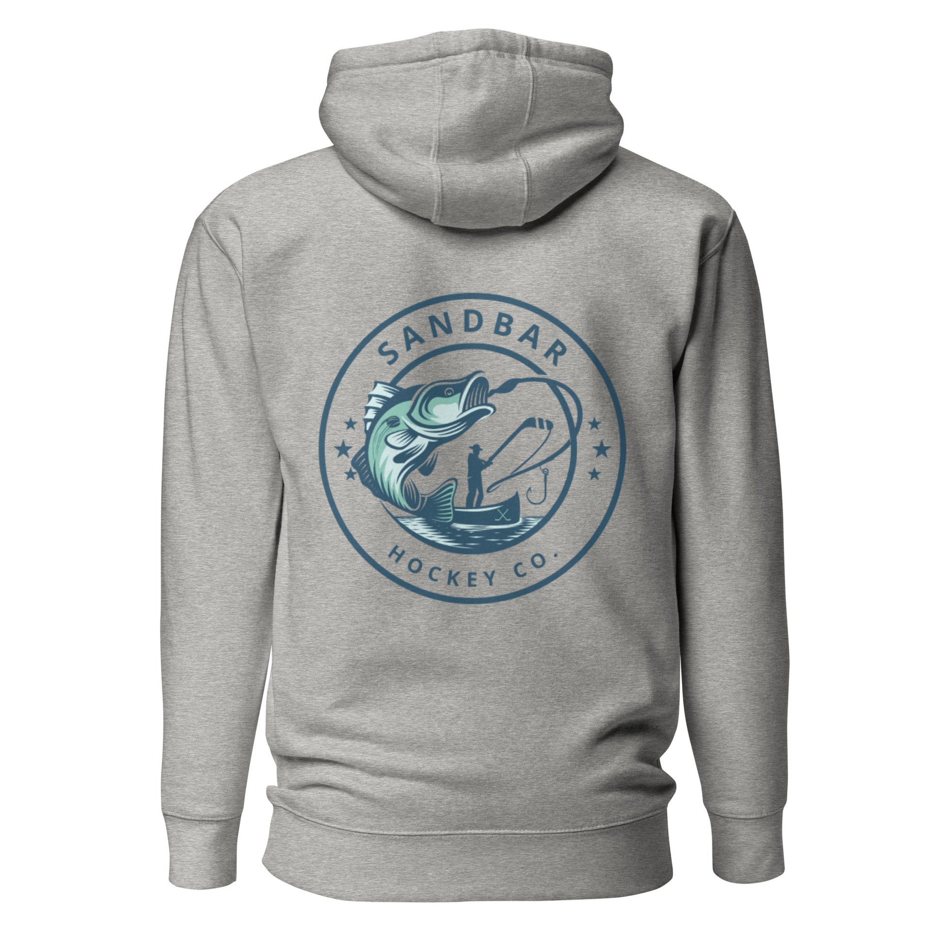 Grey fishing hockey hoodie back side with large circular bass fishing logo and fisherman holding hockey stick silhouette