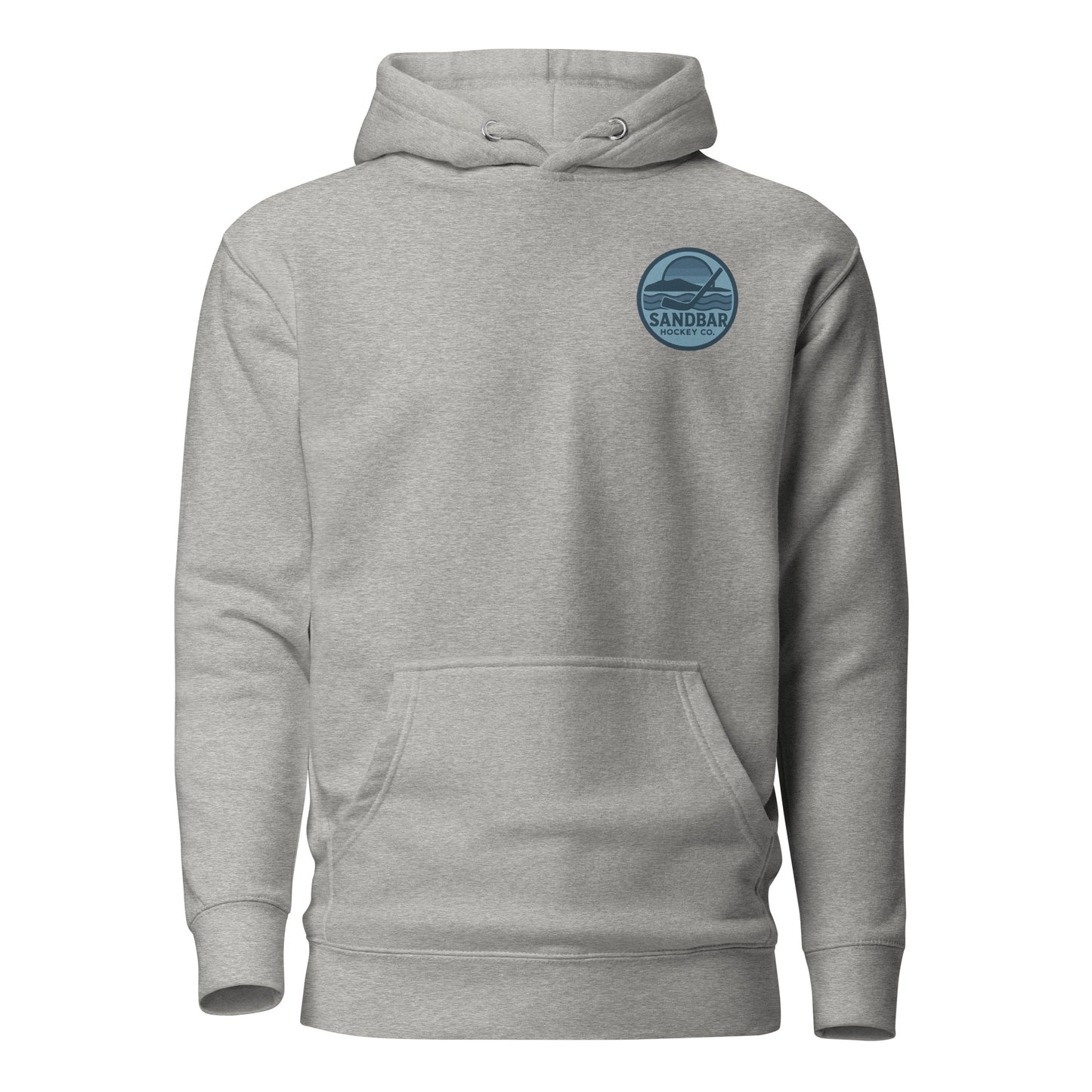 Grey fishing hockey hoodie front side with small blue Sandbar Hockey logo