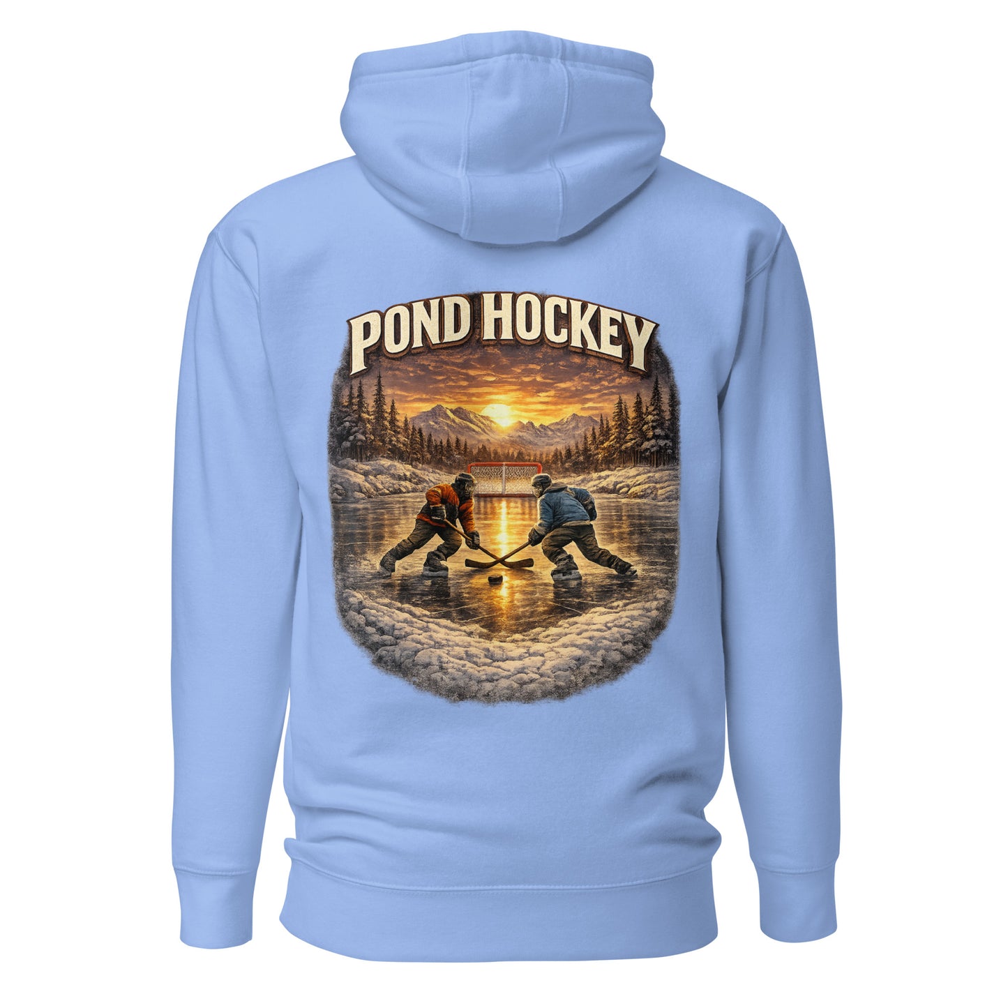 Carolina Blue pullover hoodie with a large back graphic showing two hockey players on a frozen pond at sunset, with mountains, pine trees, a net in the background, and “POND HOCKEY” in bold lettering above.