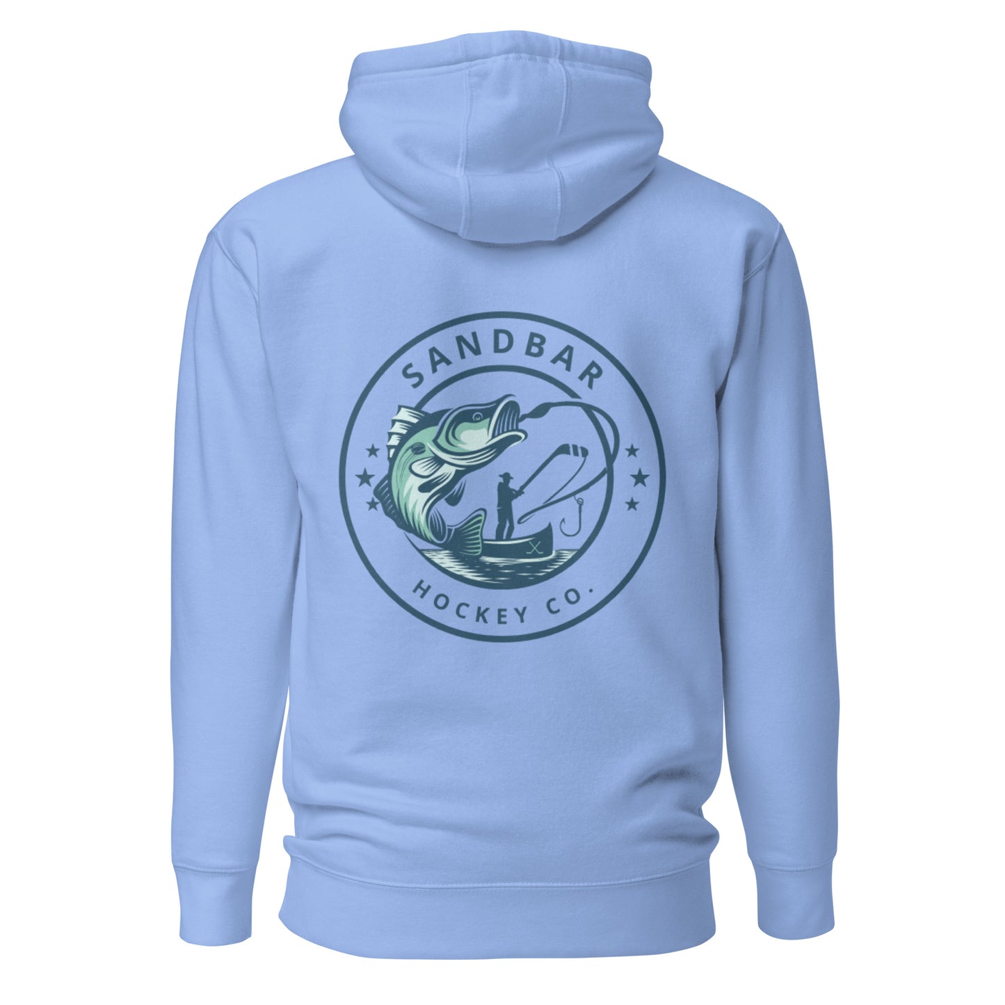 Carolina blue fishing hockey hoodie back side with large circular bass fishing logo and fisherman holding hockey stick silhouette