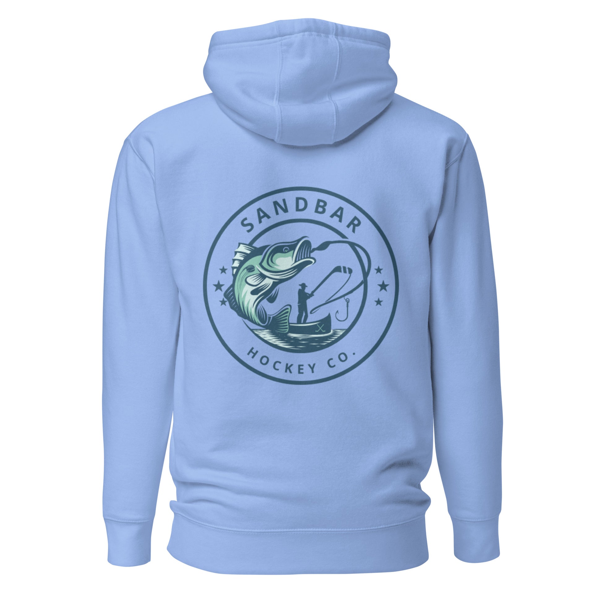 Carolina blue fishing hockey hoodie back side with large circular bass fishing logo and fisherman holding hockey stick silhouette