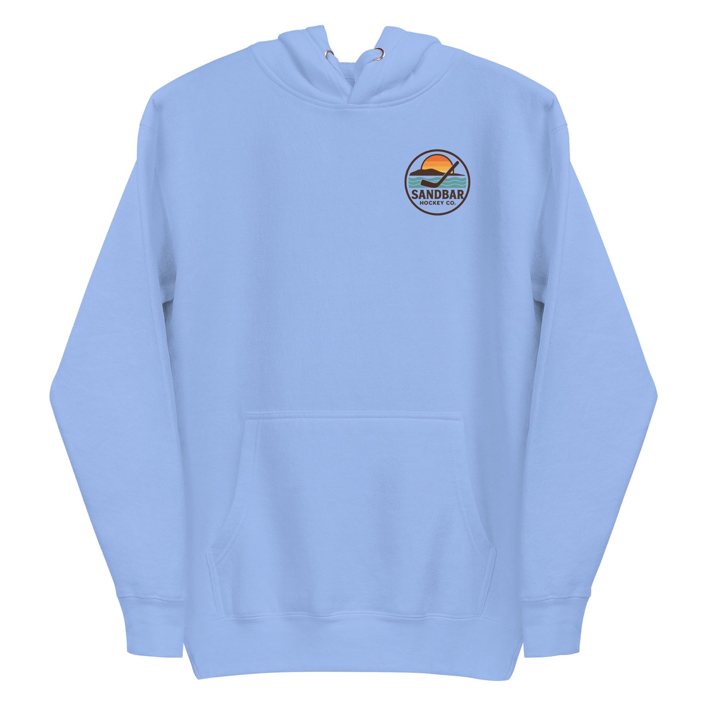 Carolina blue hockey hoodie with a small circular front chest logo showing a sunset over water with a hockey stick and the text “Sandbar Hockey Co.”