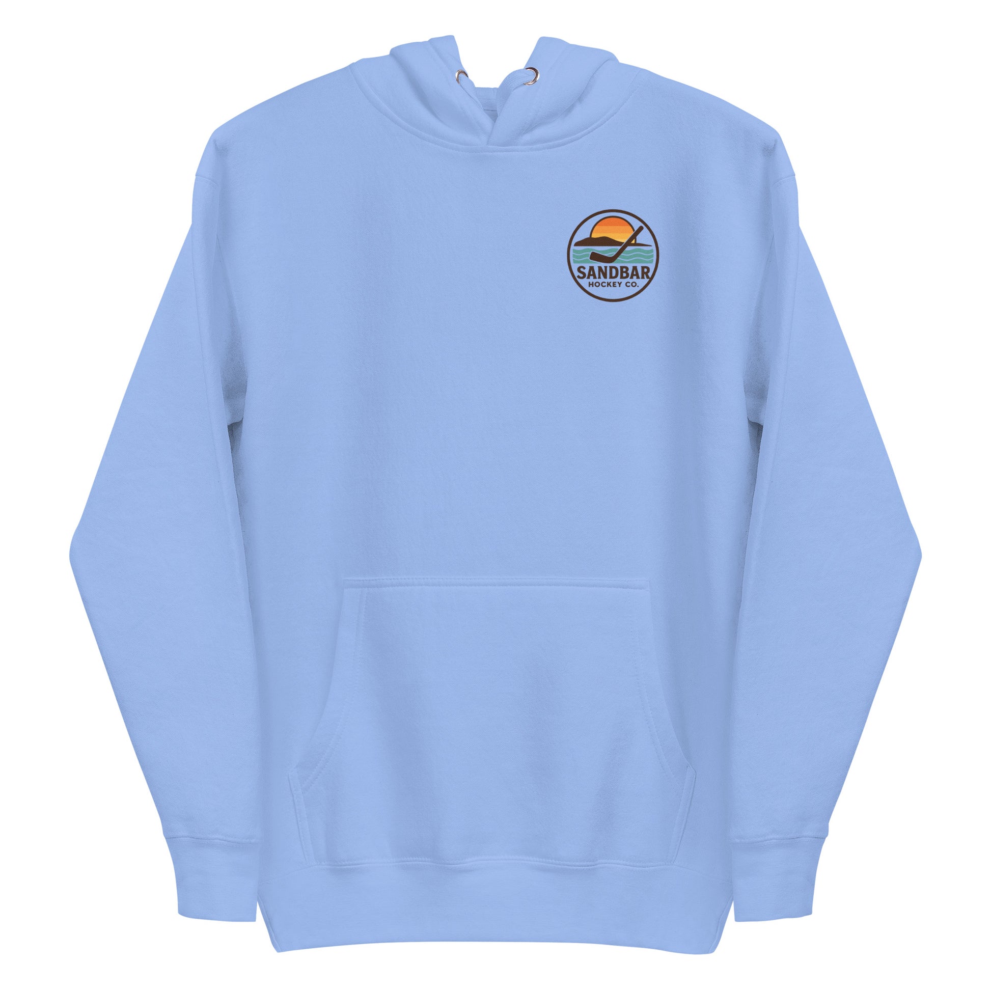 Carolina blue hockey hoodie with a small circular front chest logo showing a sunset over water with a hockey stick and the text “Sandbar Hockey Co.”