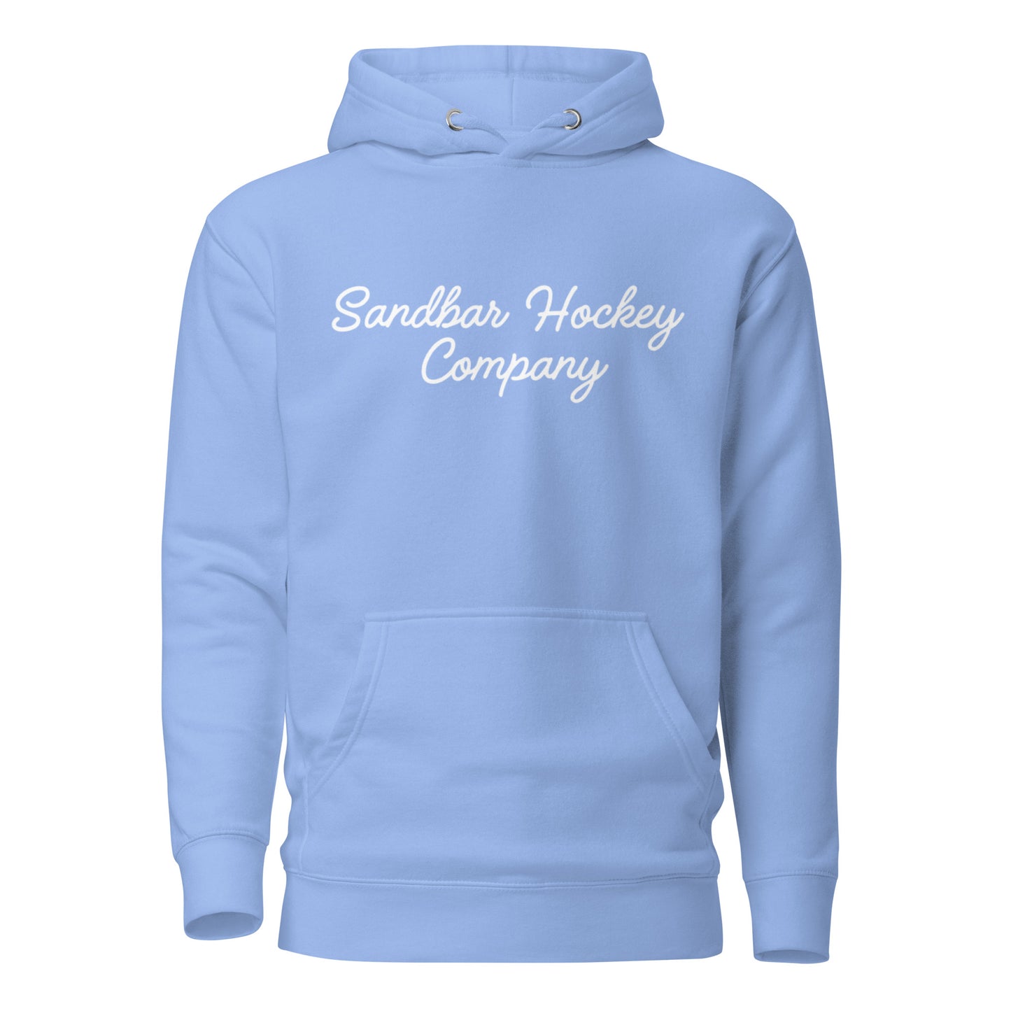Carolina Blue pullover hoodie with “Sandbar Hockey Company” printed in white script across the upper chest and a front kangaroo pocket.