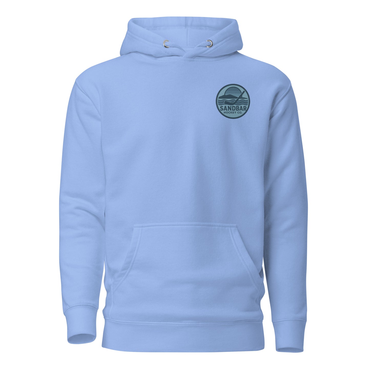 Carolina blue fishing hockey hoodie front side with small blue Sandbar Hockey logo
