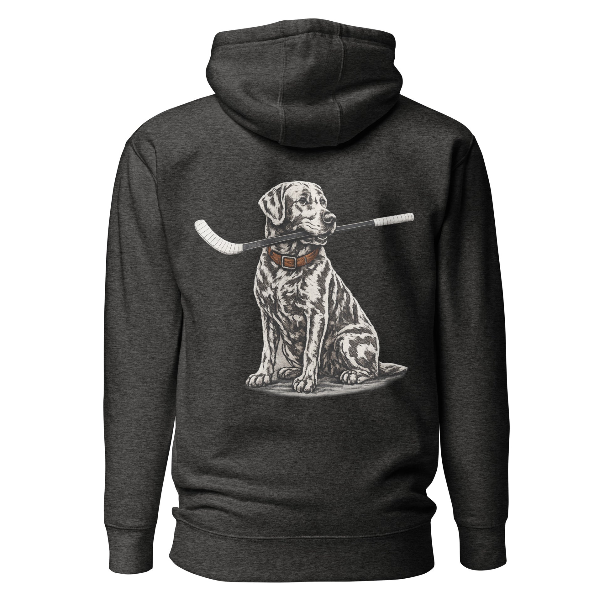 Charcoal heather hockey hoodie shown from the back, featuring a large dog graphic holding a hockey stick in its mouth across the back.