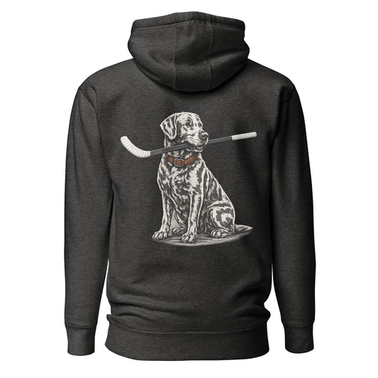Charcoal heather hockey hoodie shown from the back, featuring a large dog graphic holding a hockey stick in its mouth across the back.