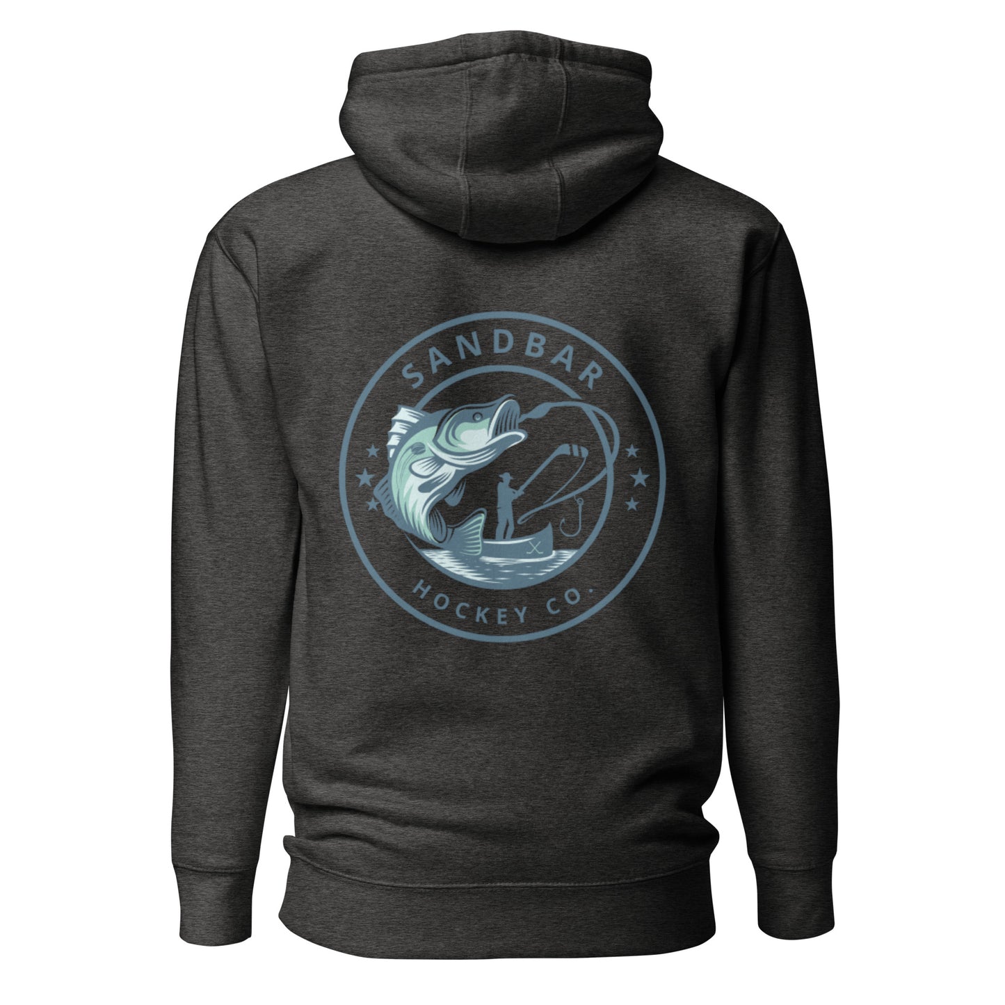 Charcoal Heather fishing hockey hoodie back side with large circular bass fishing logo and fisherman holding hockey stick silhouette